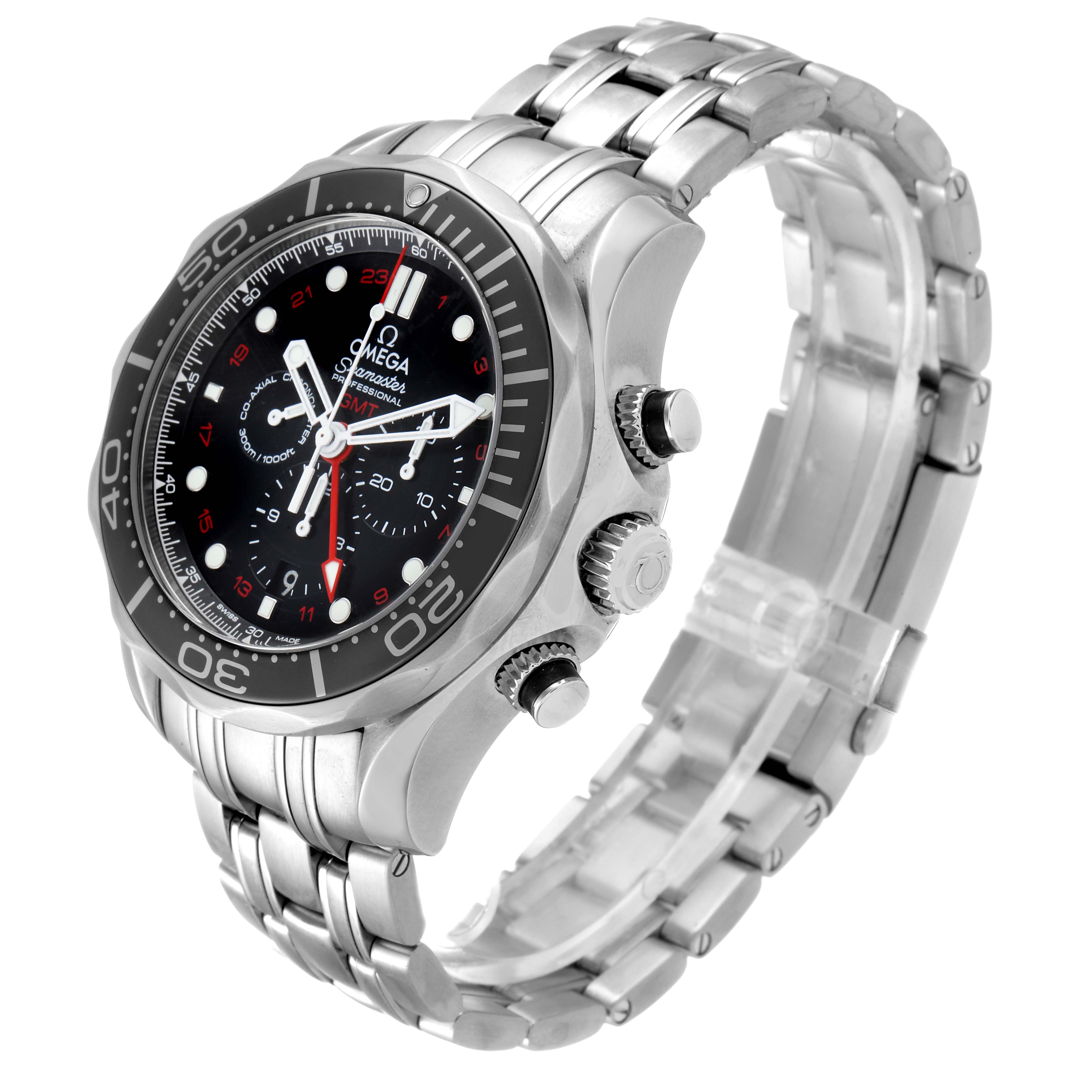 The Omega Seamaster 212.30.44.52.01.001 Men
s Stainless Steel Black Dial 212.30.44.52.01.001 Men
s Stainless Steel Black Dial watch is shown at a three-quarter angle, highlighting its face, bezel, crown, and stainless steel bracelet.