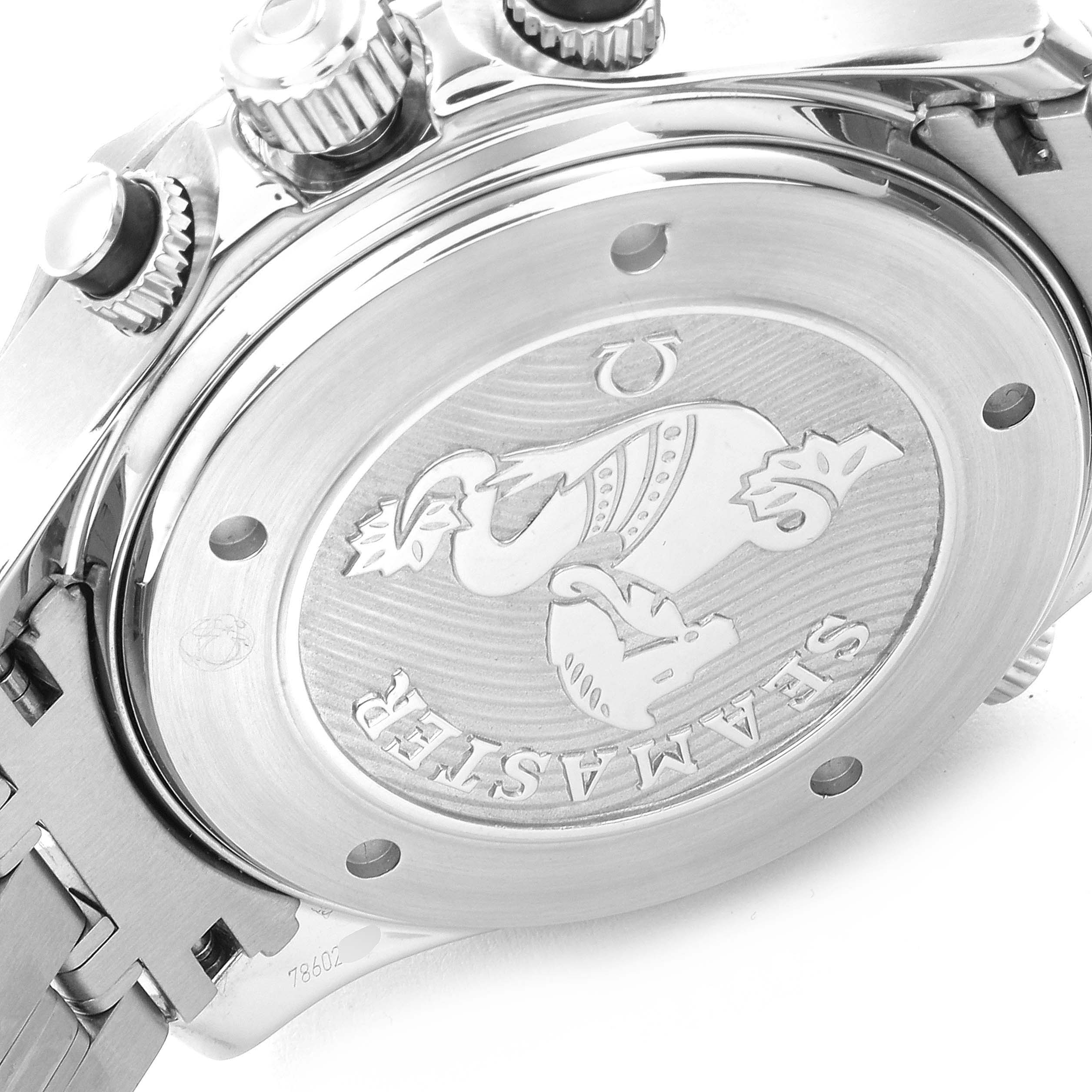 This image shows the back case and crown of the Omega Seamaster 212.30.44.52.01.001 Men
s Stainless Steel Black Dial 212.30.44.52.01.001 Men
s Stainless Steel Black Dial watch, highlighting its embossed logo.