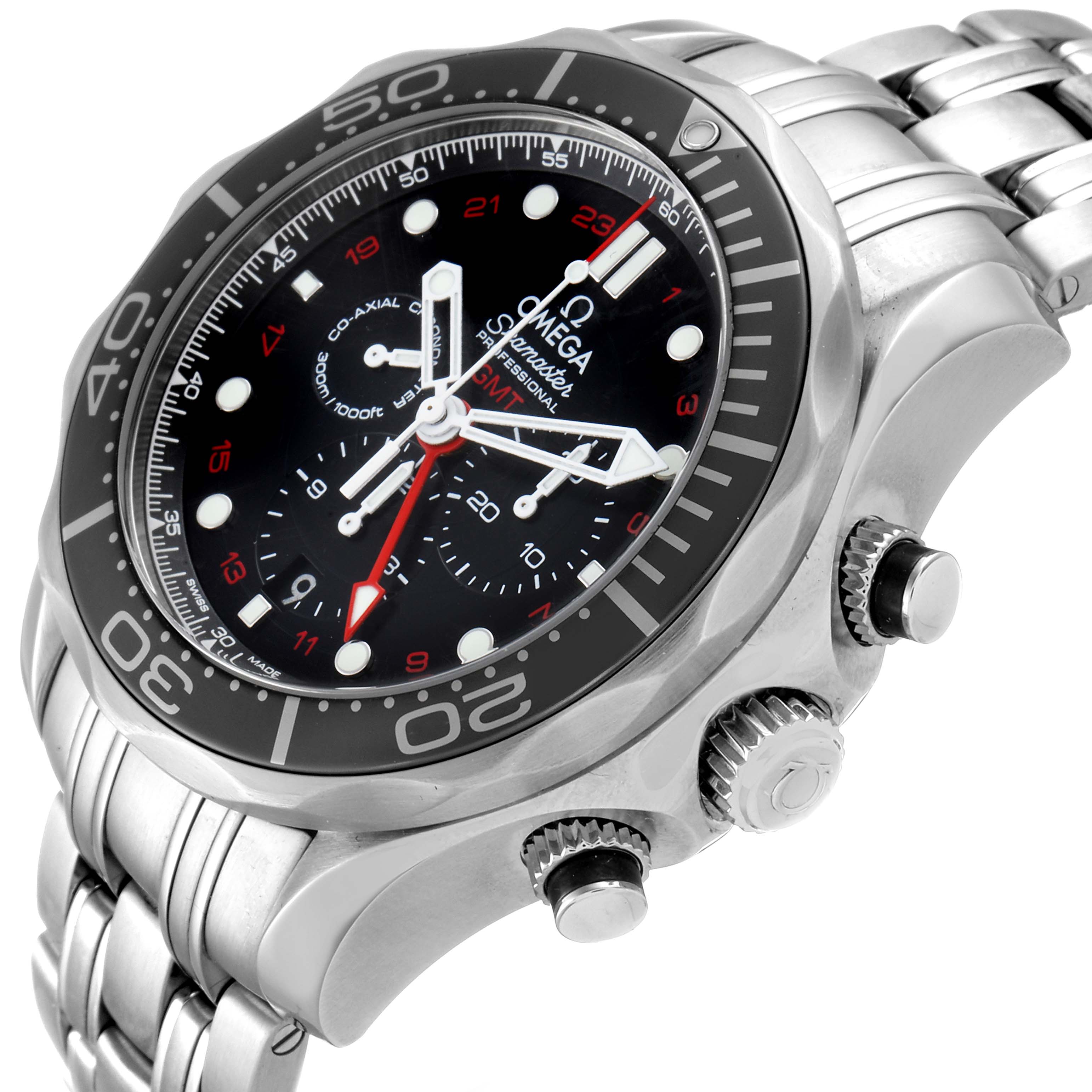 The image shows an angled view of the Omega Seamaster 212.30.44.52.01.001 Men
s Stainless Steel Black Dial 212.30.44.52.01.001 Men
s Stainless Steel Black Dial watch, highlighting the face, bezel, crown, pushers, and metal bracelet.