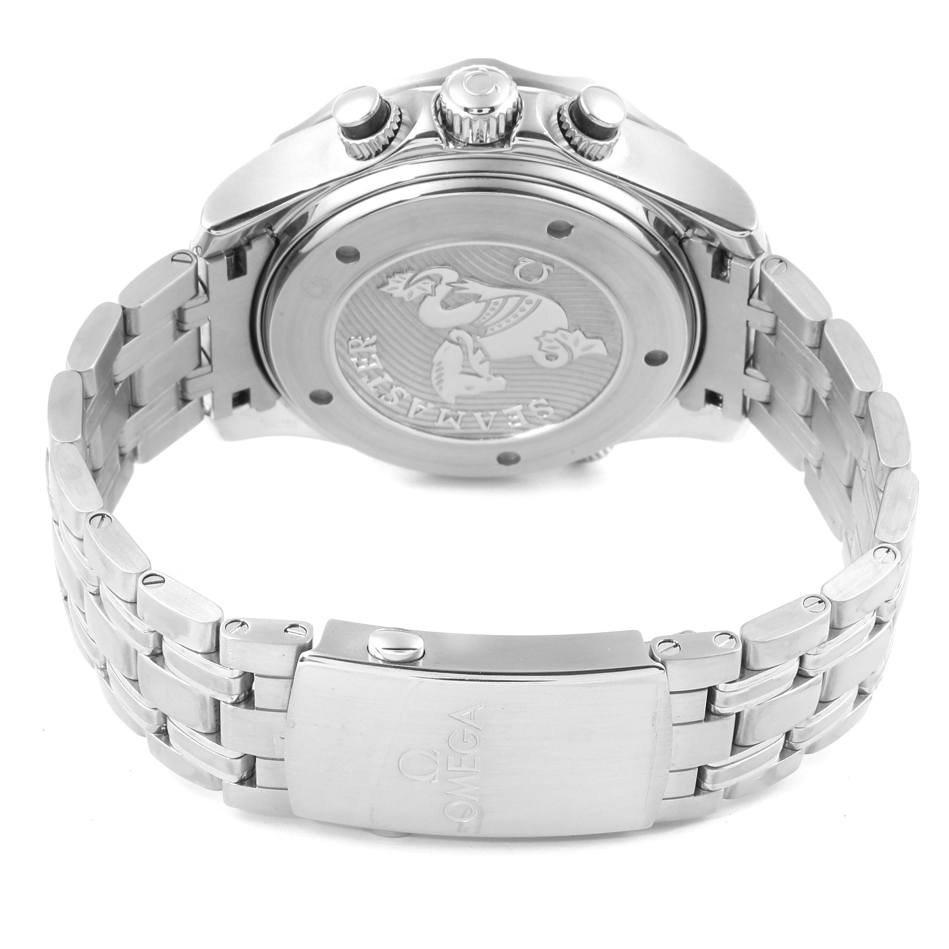 The image shows the backside and clasp of an Omega Seamaster 212.30.44.52.01.001 Men
s Stainless Steel Black Dial 212.30.44.52.01.001 Men
s Stainless Steel Black Dial watch, highlighting the case back
s engraving and the metal bracelet.