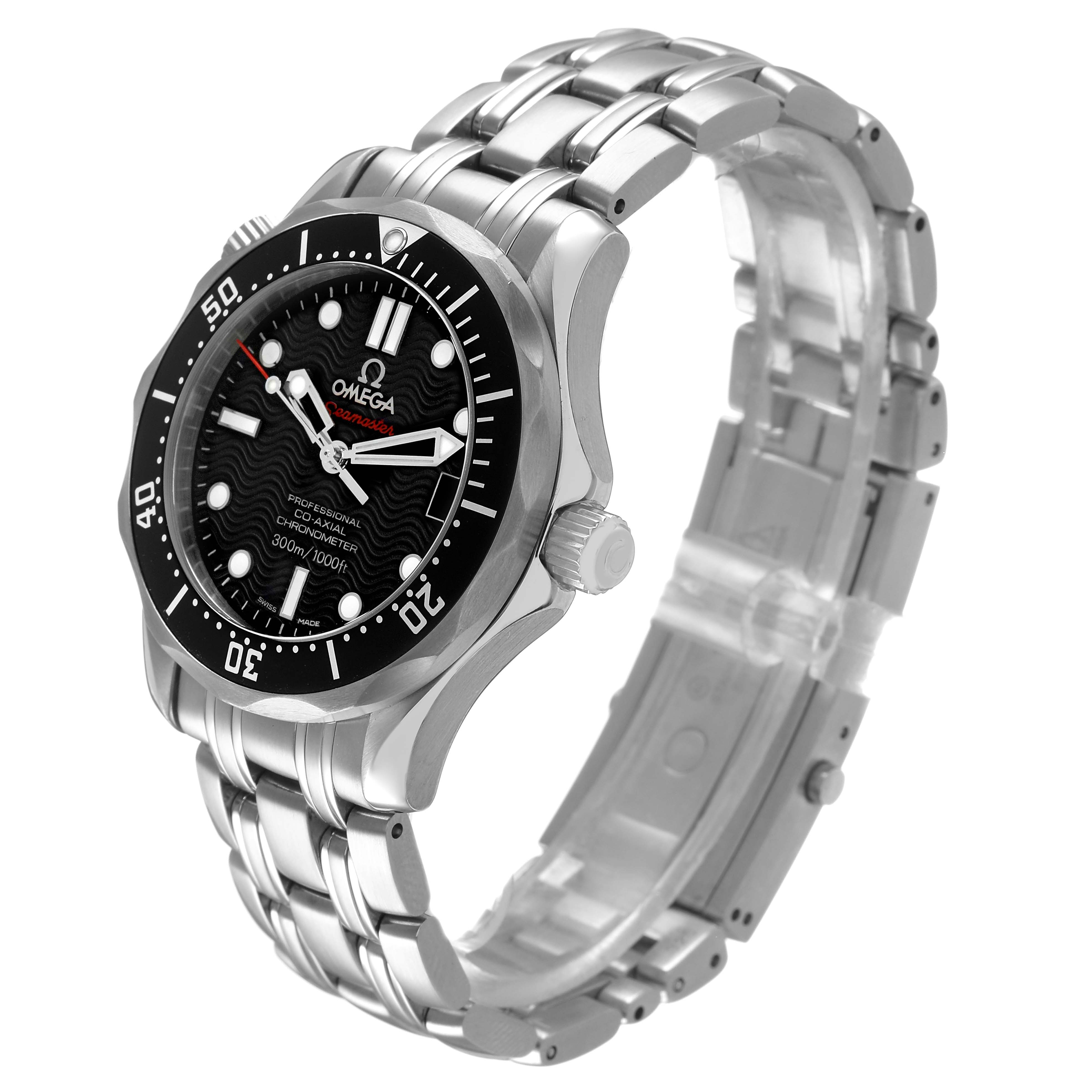 The Omega Seamaster 212.30.36.20.01.001 Men's Stainless Steel Black Dial watch is shown at a three-quarter angle, highlighting the bezel, dial, bracelet, and crown.