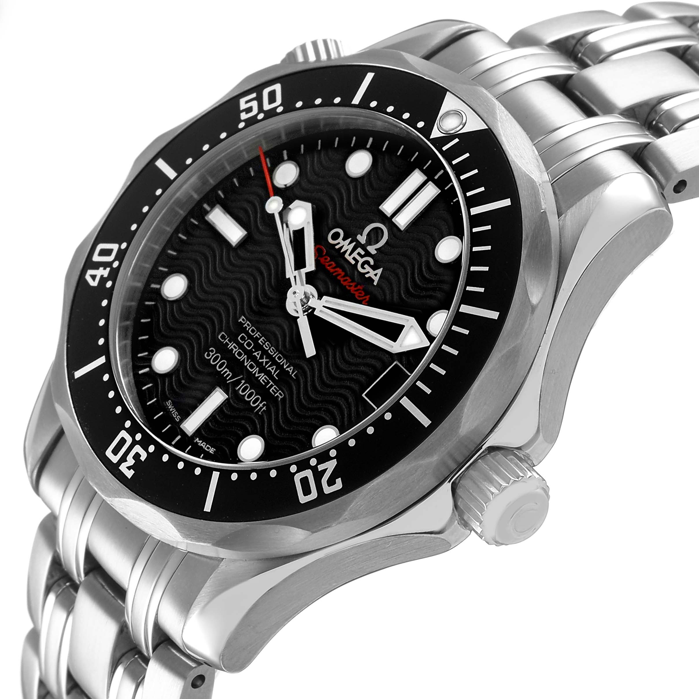 The Omega Seamaster 212.30.36.20.01.001 Men's Stainless Steel Black Dial watch is shown at an angled top-down view displaying the dial, bezel, and stainless steel bracelet.