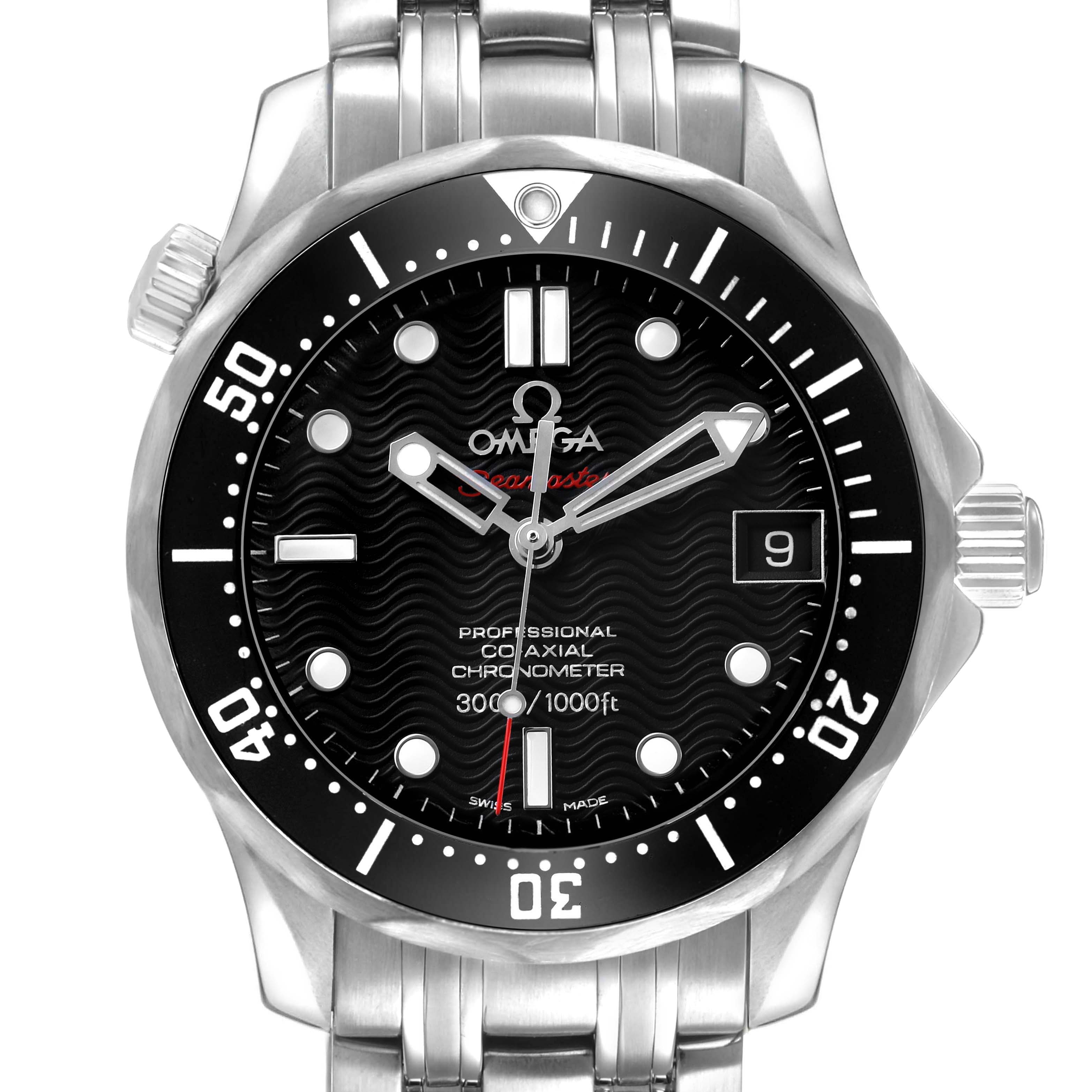 The Omega Seamaster 212.30.36.20.01.001 Men's Stainless Steel Black Dial watch is shown from the front, displaying its dial, bezel, crown, bracelet, and date window.