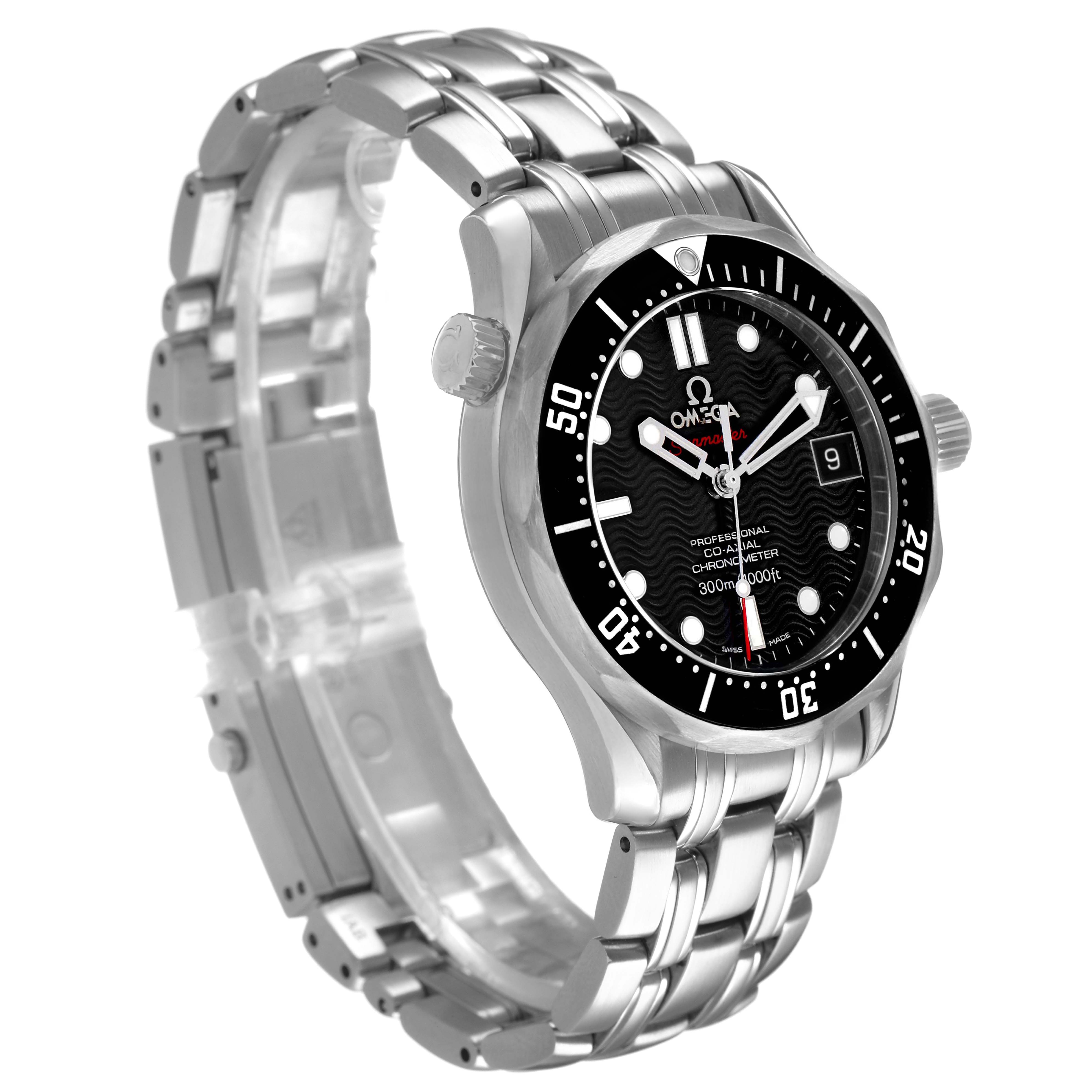 The Omega Seamaster 212.30.36.20.01.001 Men's Stainless Steel Black Dial watch is shown at a three-quarter angle, highlighting the face, bezel, crown, and metal bracelet.