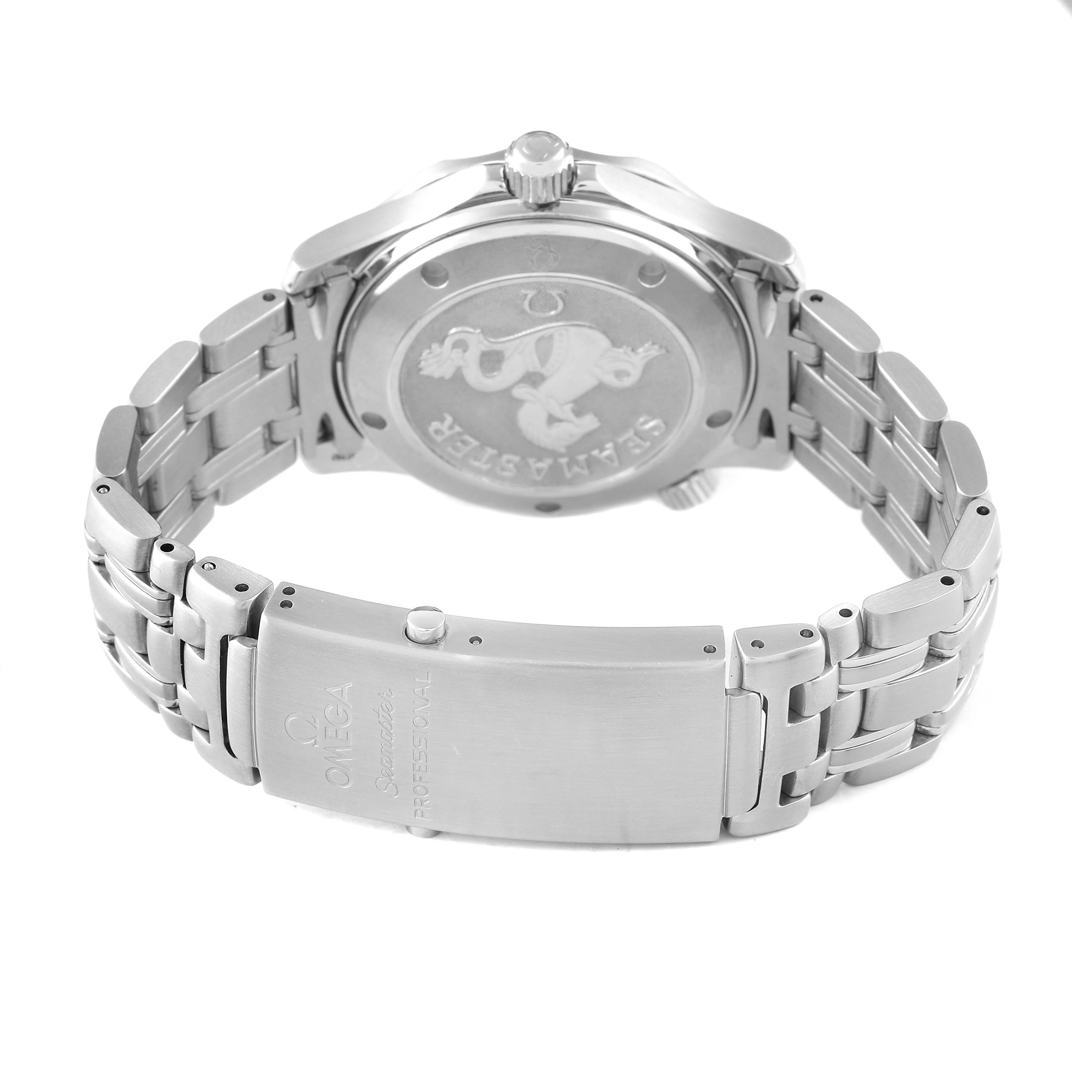 The image shows the back and clasp of an Omega Seamaster 212.30.36.20.01.001 Men's Stainless Steel Black Dial watch, highlighting the bracelet and engraved case back.