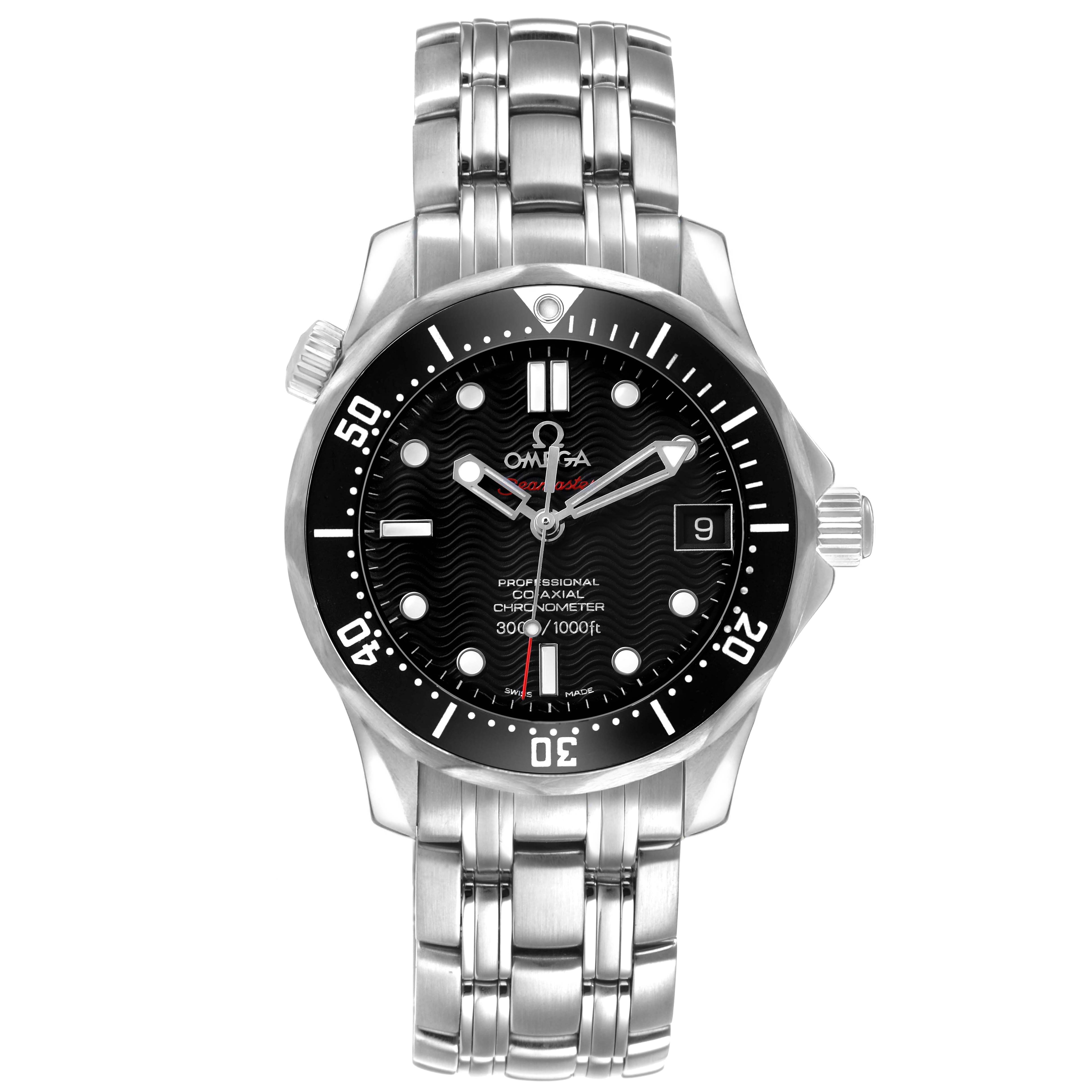 The image shows a front view of the Omega Seamaster 212.30.36.20.01.001 Men's Stainless Steel Black Dial, highlighting the dial, bezel, and stainless steel bracelet.
