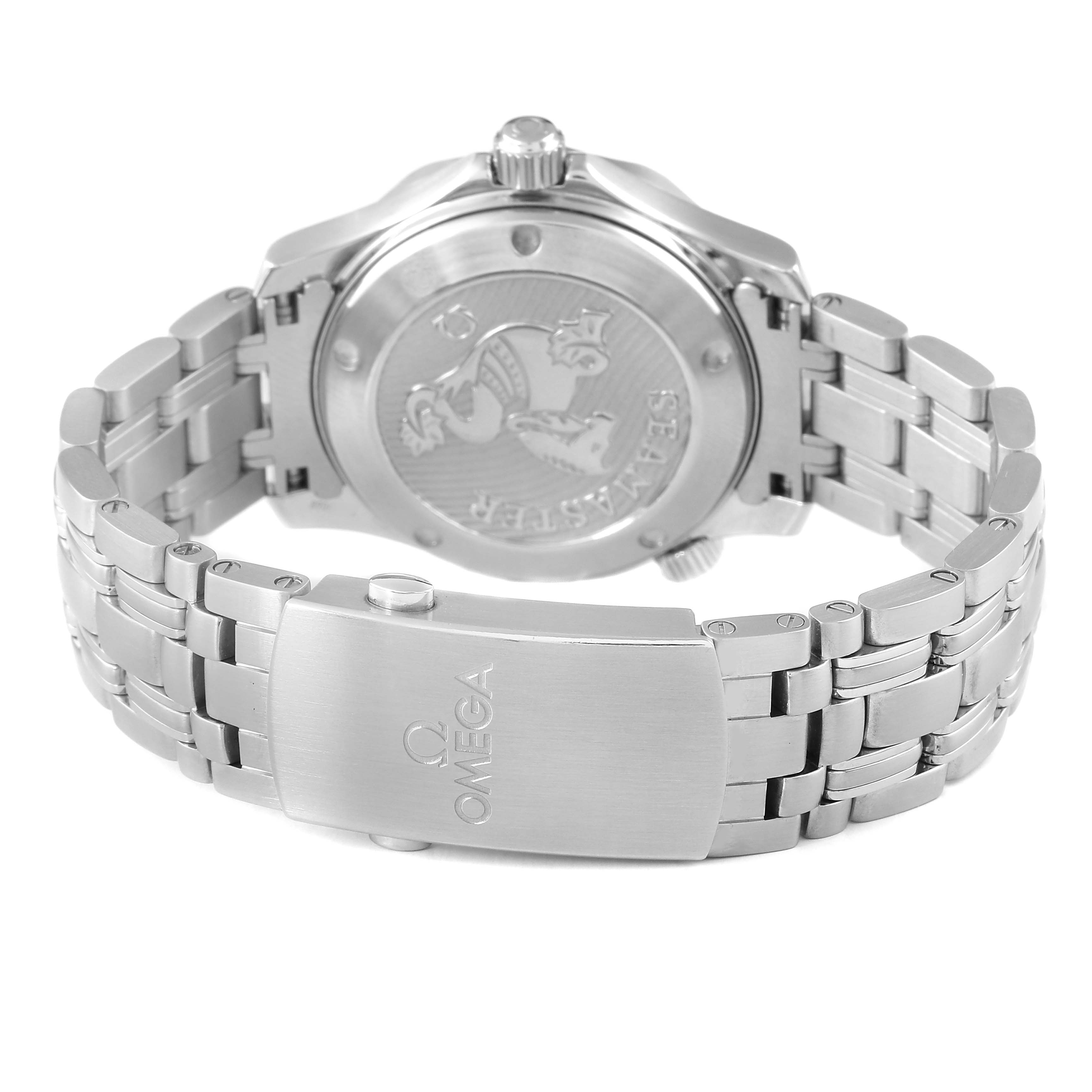 The image shows the clasp, bracelet, and case back of the Omega Seamaster 212.30.36.20.01.002 Men's Stainless Steel Black Dial watch from a rear angle.