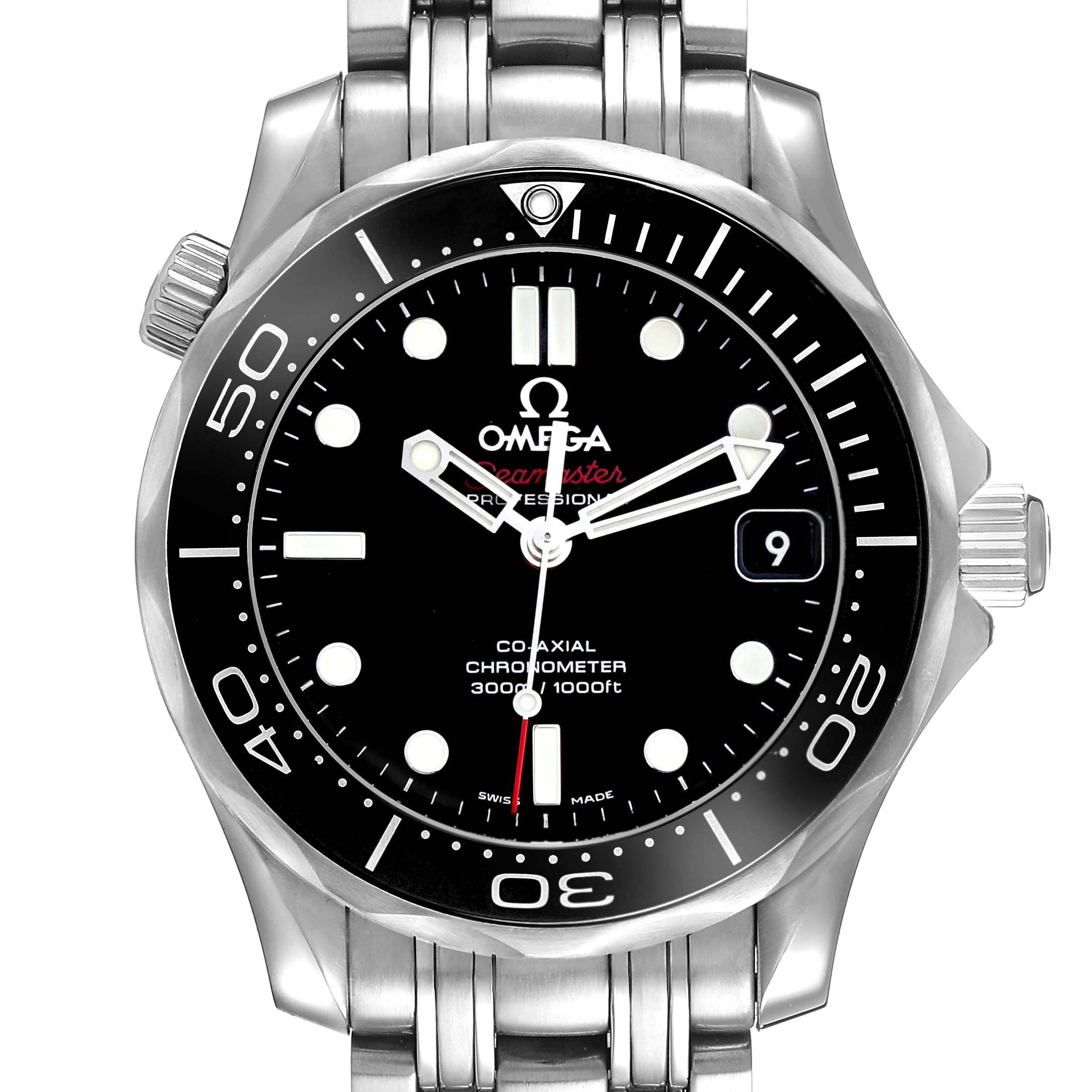 The image shows a front view of the Omega Seamaster 212.30.36.20.01.002 Men's Stainless Steel Black Dial, featuring the watch face, bezel, and bracelet.