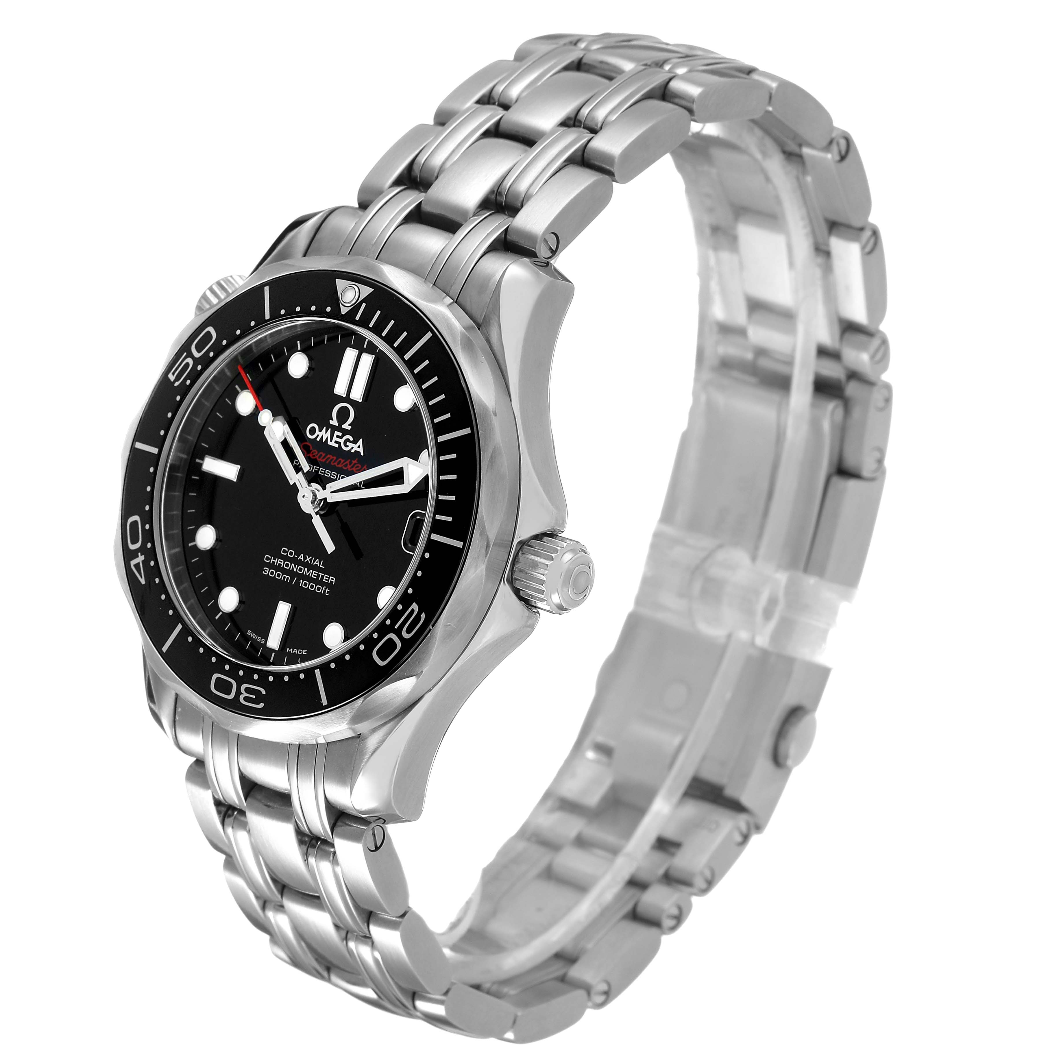 The Omega Seamaster 212.30.36.20.01.002 Men's Stainless Steel Black Dial watch is shown at a three-quarter angle, displaying the black dial, bezel, crown, and metal bracelet.