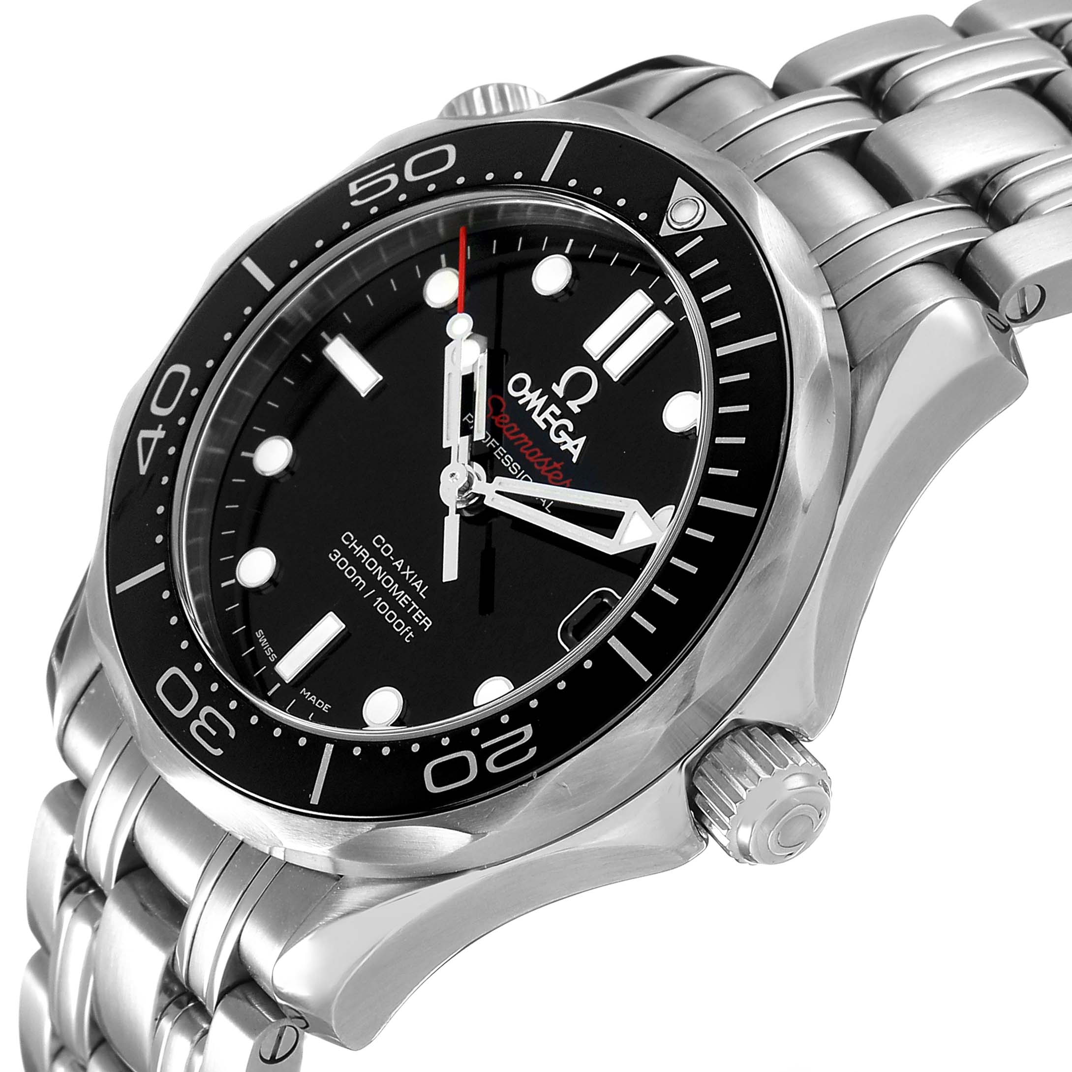 The Omega Seamaster 212.30.36.20.01.002 Men's Stainless Steel Black Dial watch is shown at an angle highlighting the dial, bezel, crown, and bracelet.