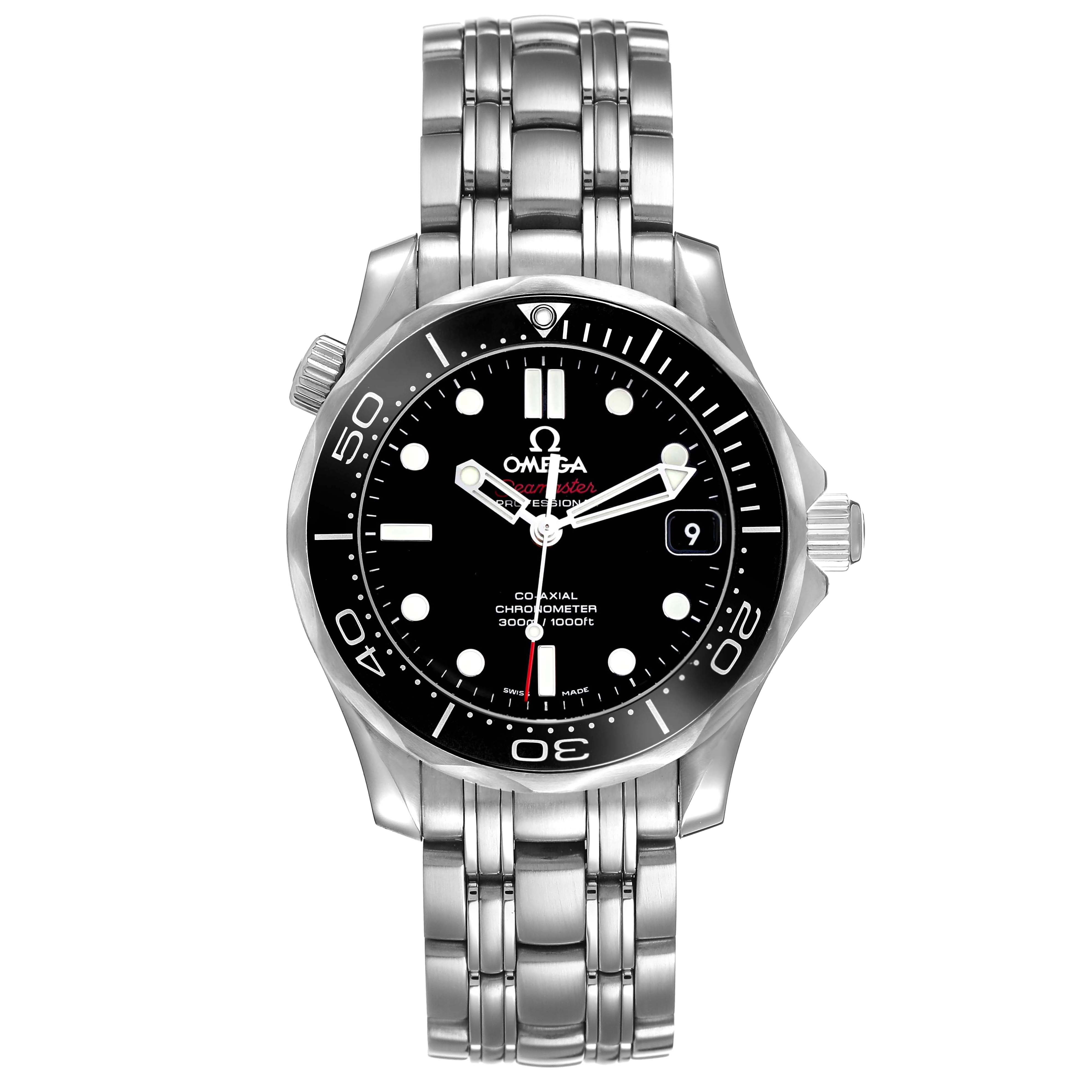 The Omega Seamaster 212.30.36.20.01.002 Men's Stainless Steel Black Dial is shown from a top view, displaying its dial, bezel, bracelet, and crown.