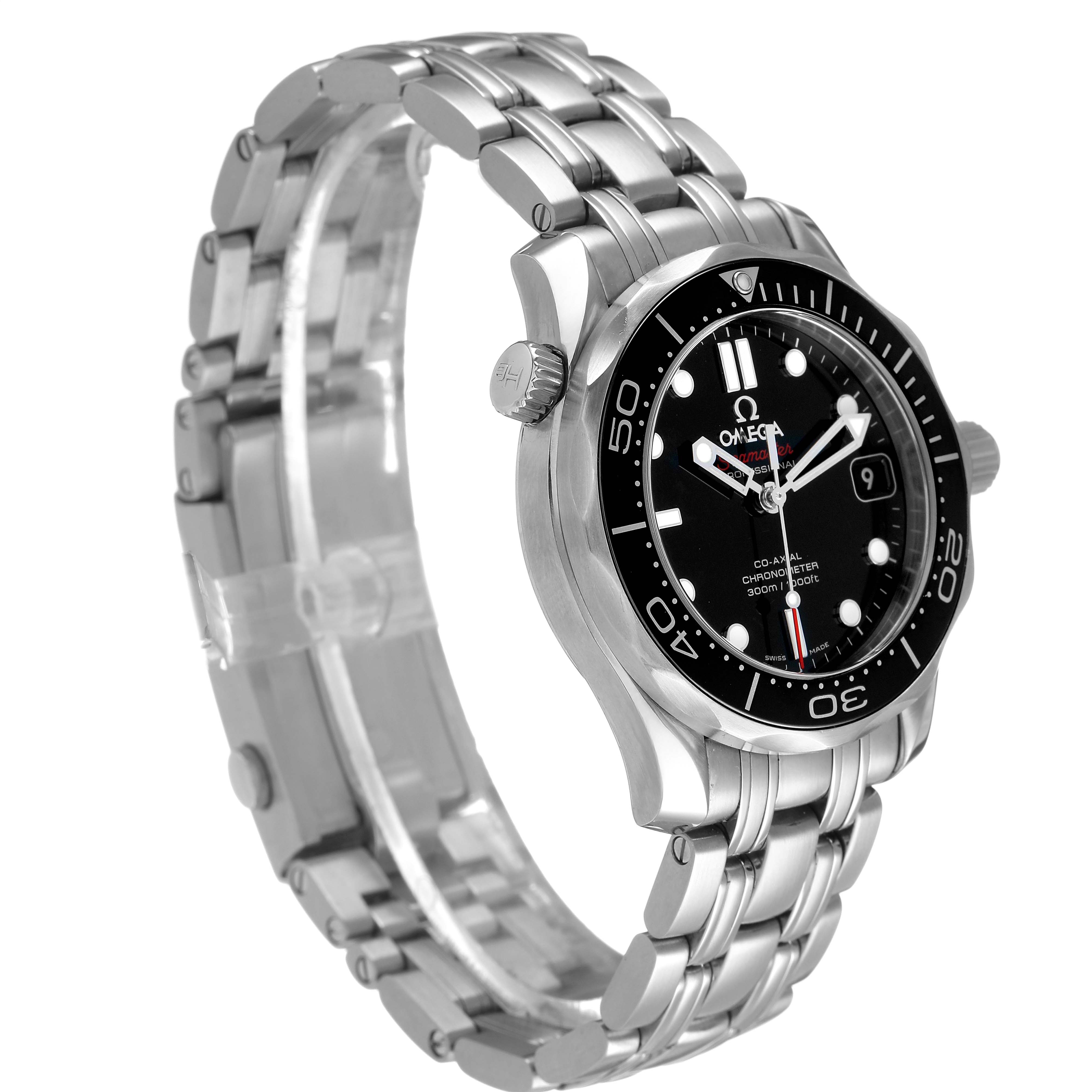 The Omega Seamaster 212.30.36.20.01.002 Men's Stainless Steel Black Dial watch is shown at a three-quarter angle, highlighting the bracelet, bezel, and face details.