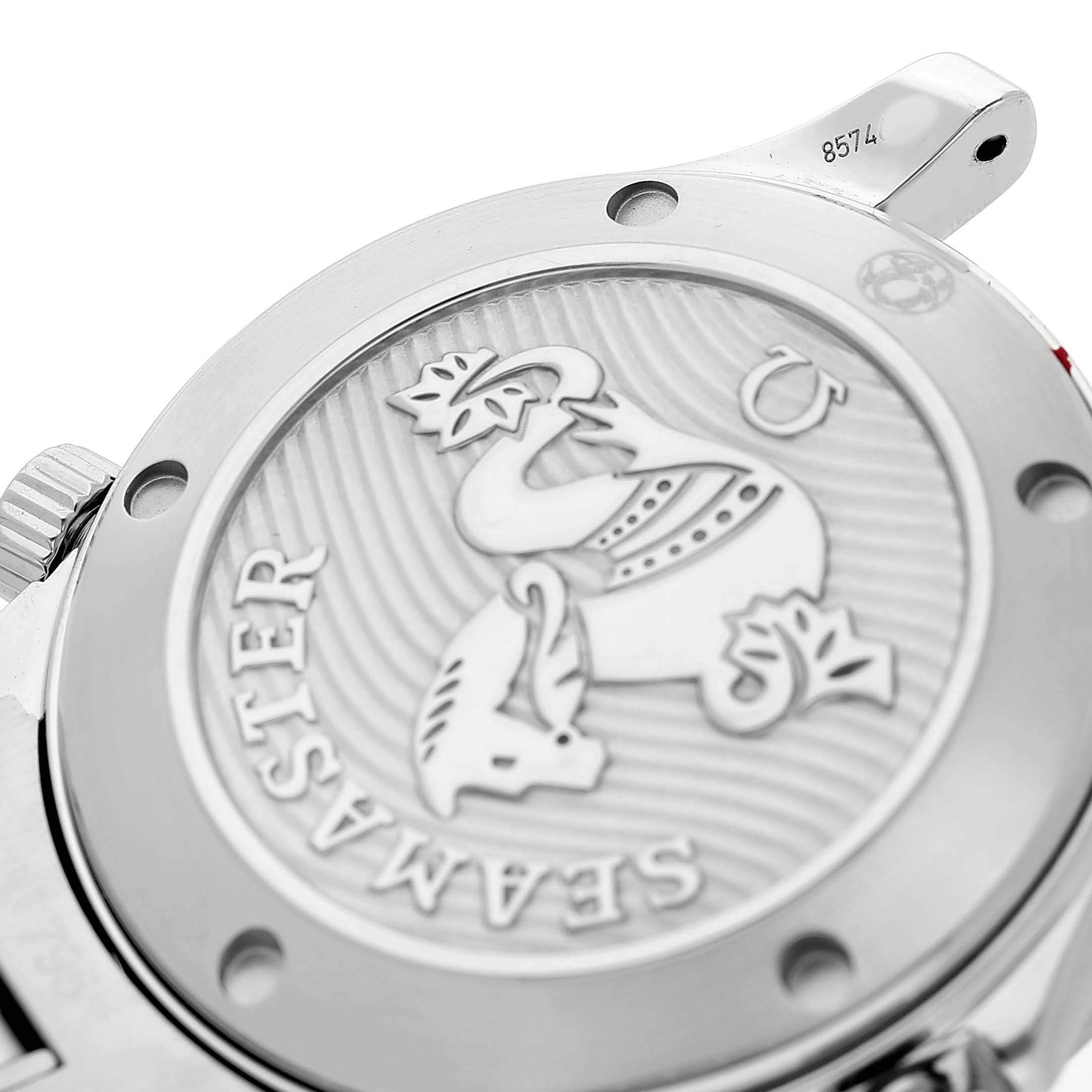 The image shows the case back of an Omega Seamaster 212.30.36.20.03.001 Men's Stainless Steel Blue Dial watch, featuring an embossed emblem and the "Seamaster" name.