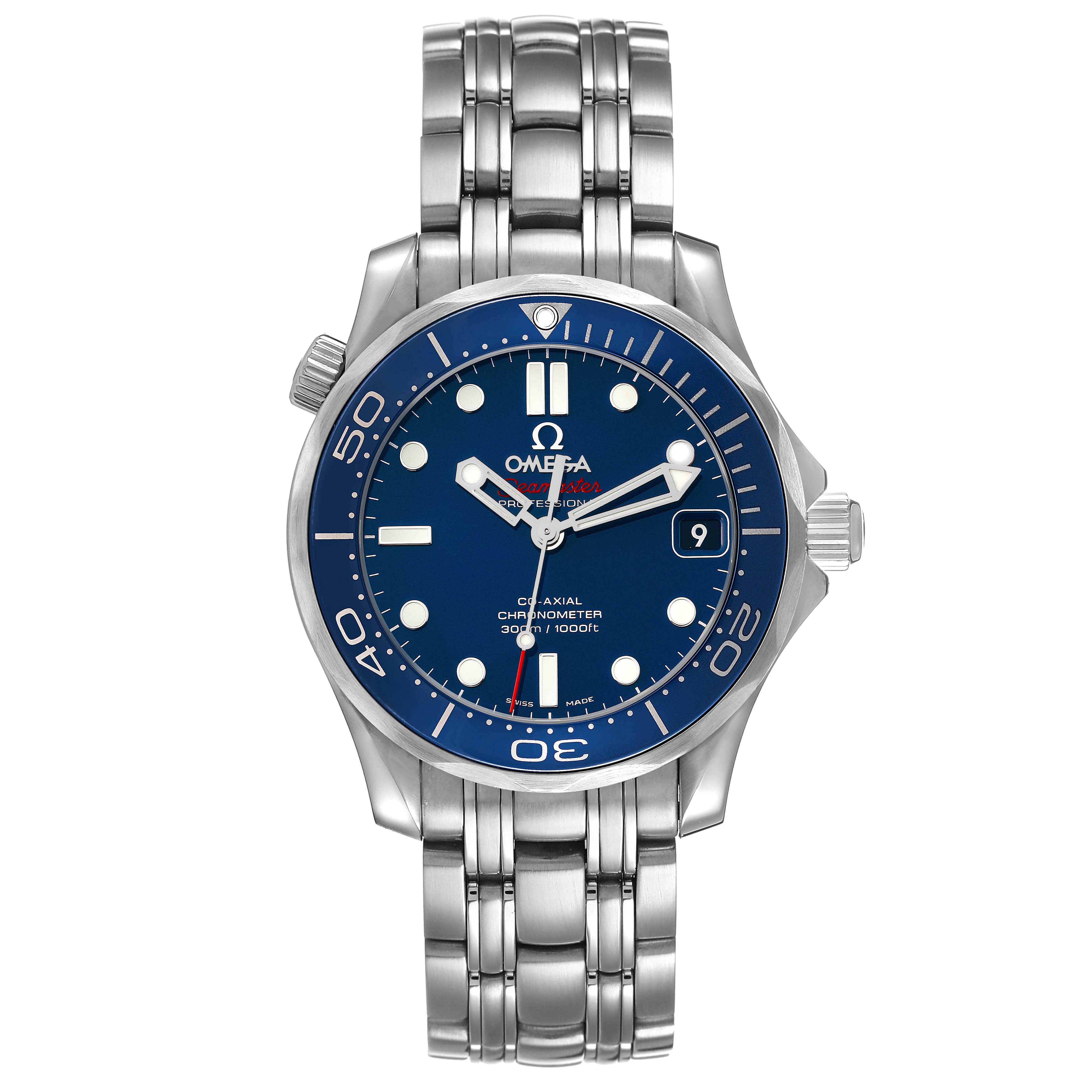 The Omega Seamaster 212.30.36.20.03.001 Men's Stainless Steel Blue Dial is shown from a top-down angle, displaying the dial, bezel, and bracelet.