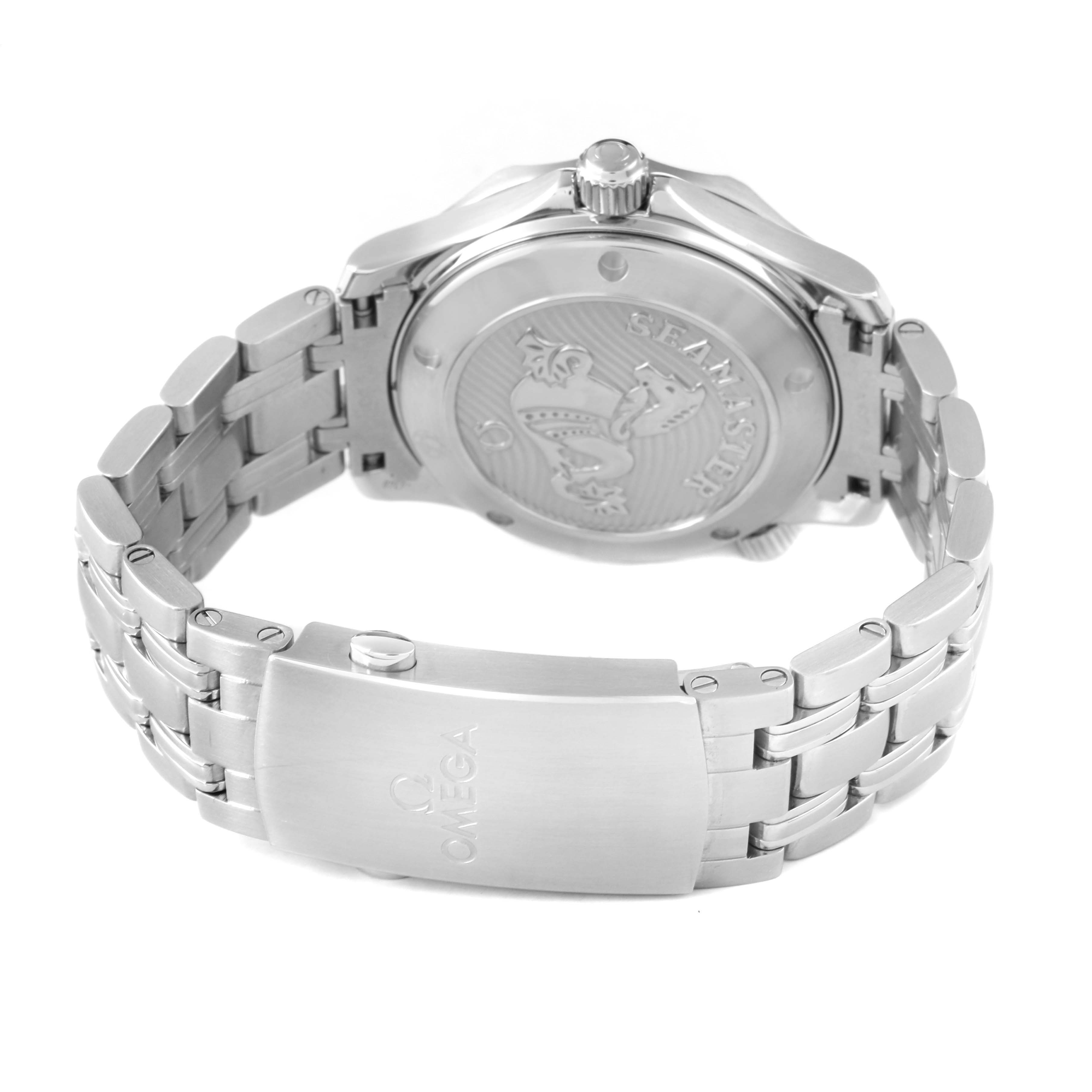 The image shows the back case and bracelet clasp of the Omega Seamaster 212.30.36.20.03.001 Men's Stainless Steel Blue Dial watch from a rear angle.