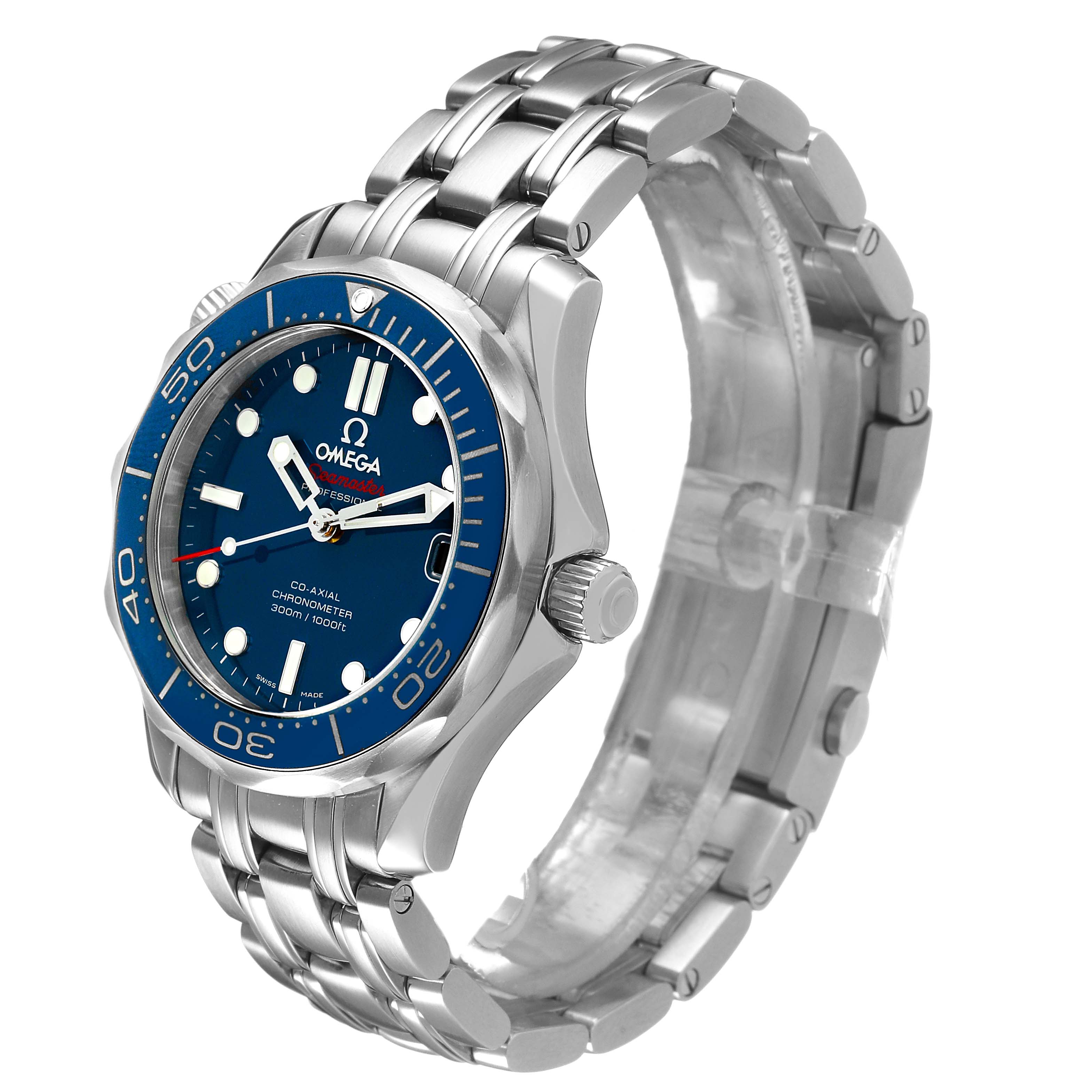 The Omega Seamaster 212.30.36.20.03.001 Men's Stainless Steel Blue Dial watch is shown at a three-quarter angle, highlighting the blue dial, bezel, and stainless steel bracelet.
