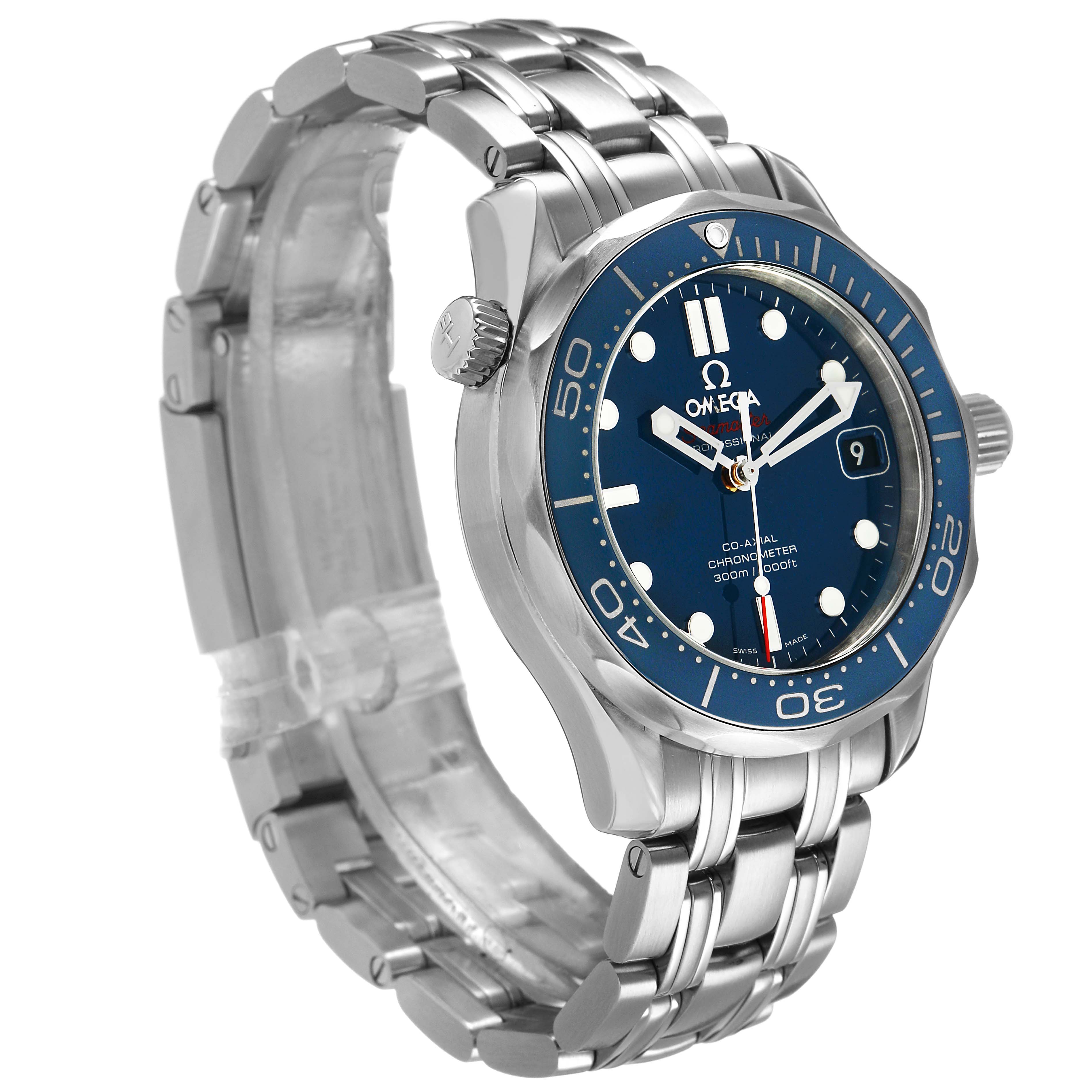 The Omega Seamaster 212.30.36.20.03.001 Men's Stainless Steel Blue Dial watch is shown at a three-quarter angle, highlighting the face, bezel, and stainless steel bracelet.