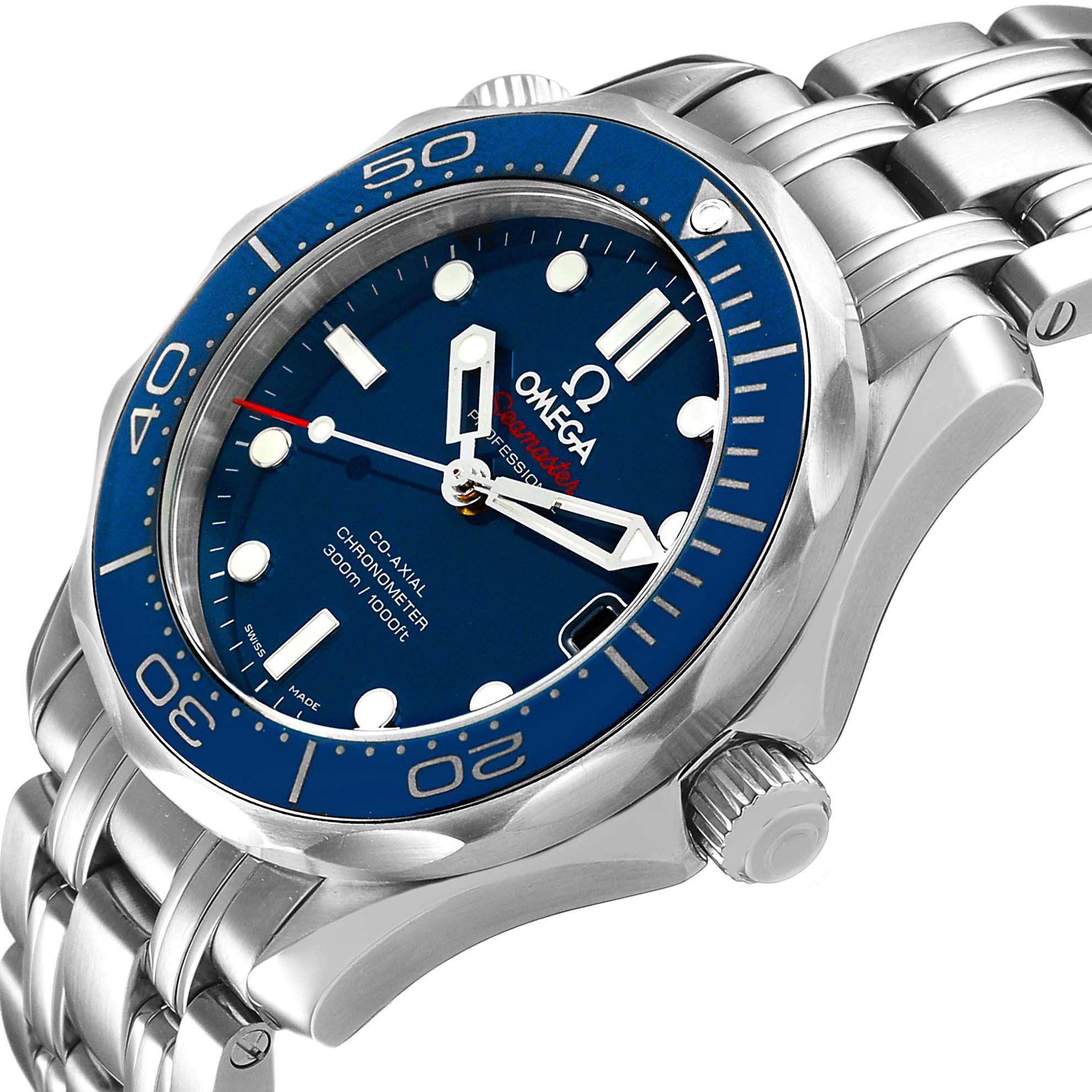 The Omega Seamaster 212.30.36.20.03.001 Men's Stainless Steel Blue Dial watch is shown from a three-quarter angle highlighting the dial, bezel, crown, and metal bracelet.