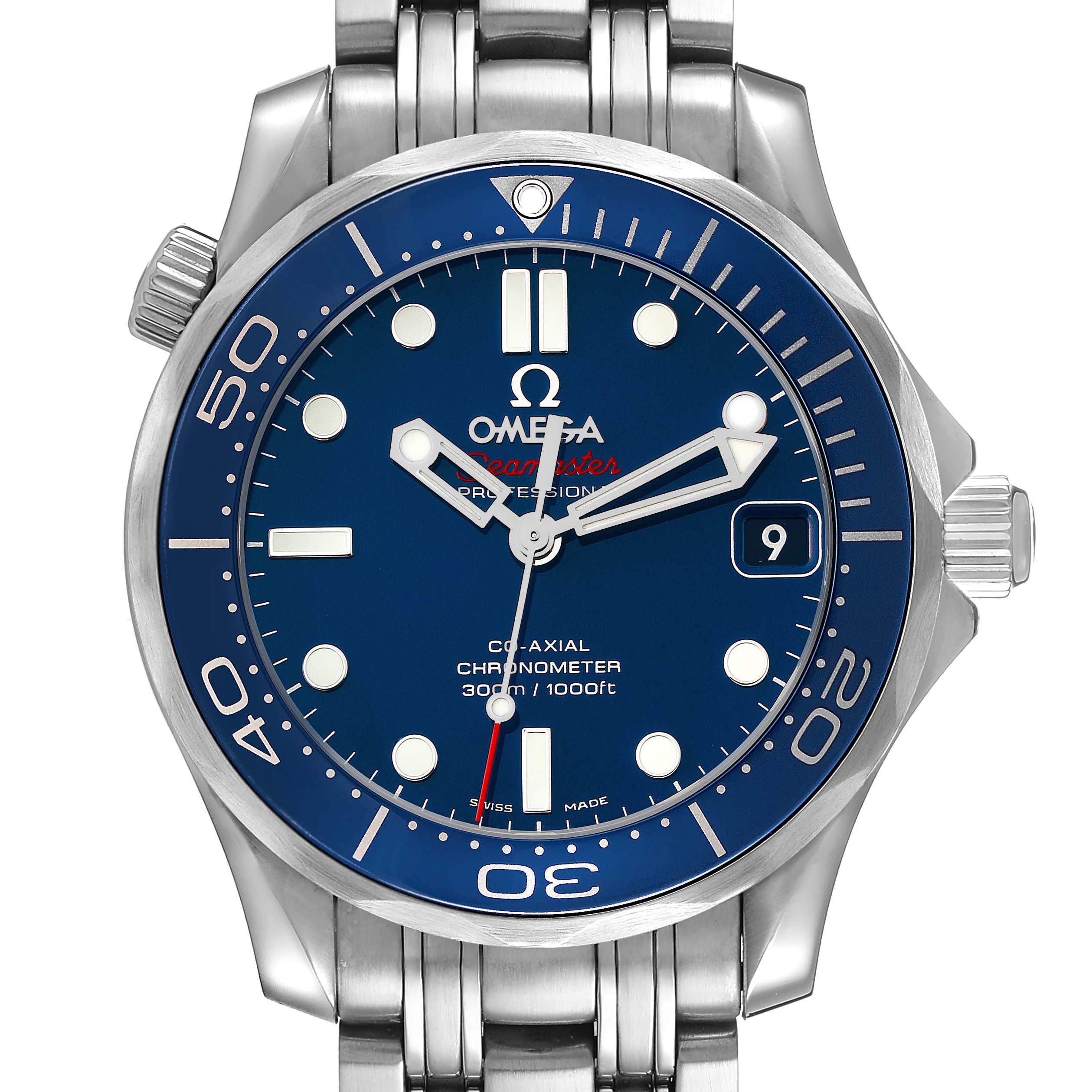 The Omega Seamaster 212.30.36.20.03.001 Men's Stainless Steel Blue Dial watch is shown from a top view, highlighting the dial, bezel, crown, and bracelet.