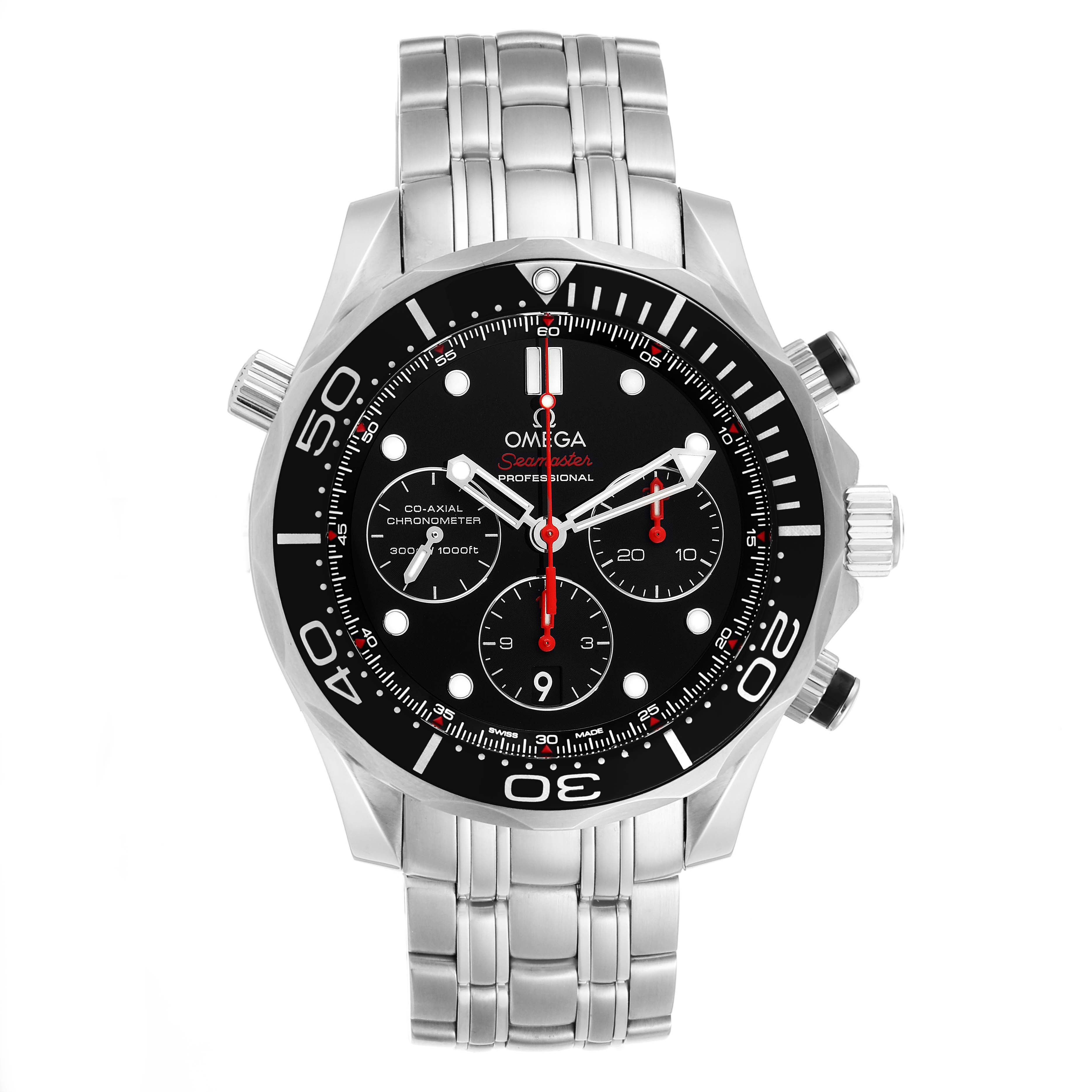 The image shows a front view of the Omega Seamaster 212.30.44.50.01.001 Men
s Stainless Steel Black Dial 212.30.44.50.01.001 Men
s Stainless Steel Black Dial watch with its dial, bezel, crown, and stainless steel bracelet visible.