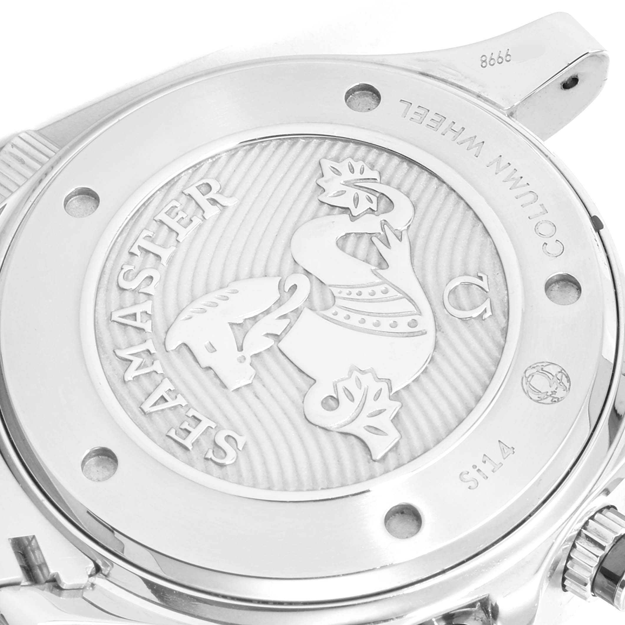 This image shows the case back of an Omega Seamaster 212.30.44.50.01.001 Men
s Stainless Steel Black Dial 212.30.44.50.01.001 Men
s Stainless Steel Black Dial watch, displaying the logo and engraved details.