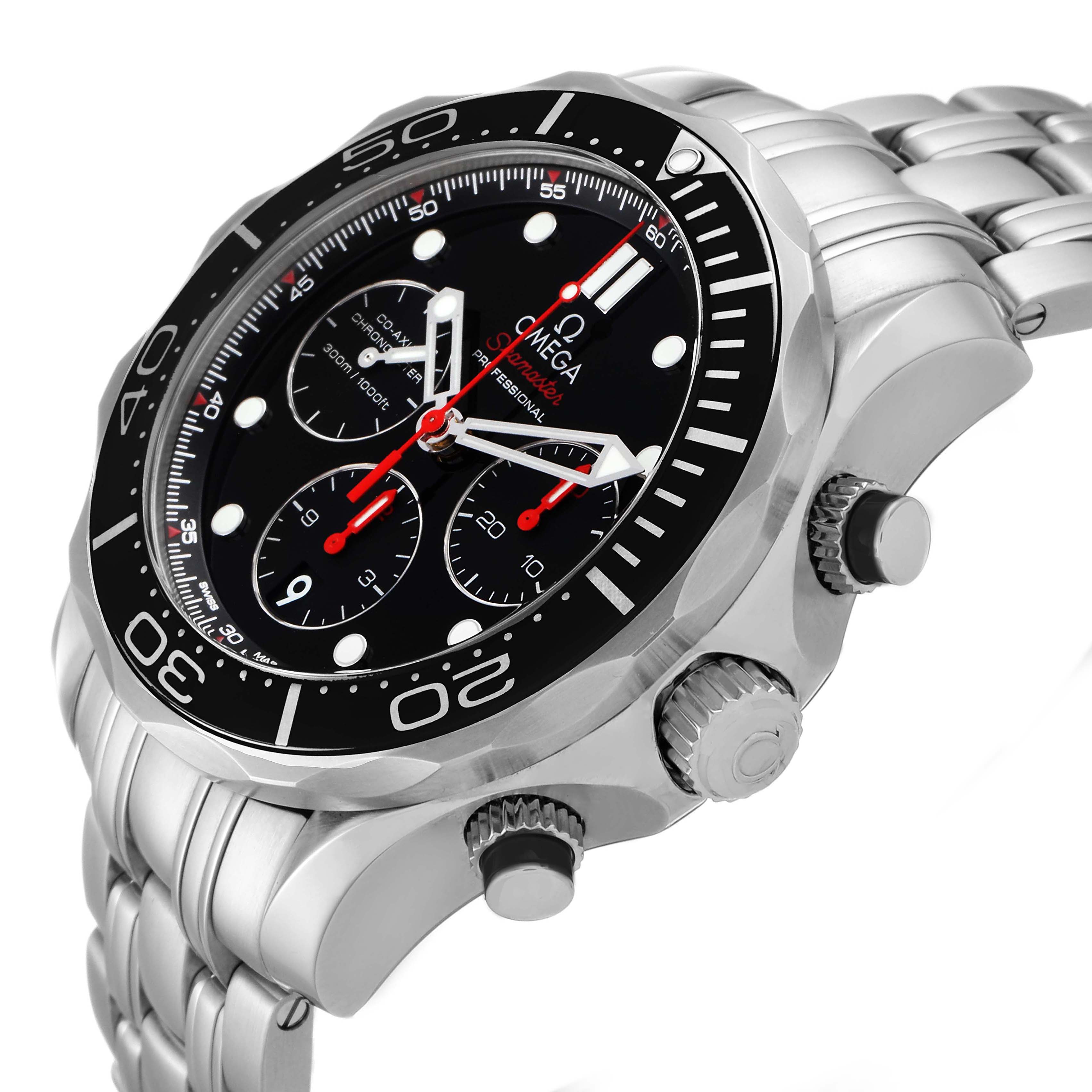 The image shows an angled view of an Omega Seamaster 212.30.44.50.01.001 Men
s Stainless Steel Black Dial 212.30.44.50.01.001 Men
s Stainless Steel Black Dial watch highlighting its bezel, dial, chronograph subdials, and steel bracelet.