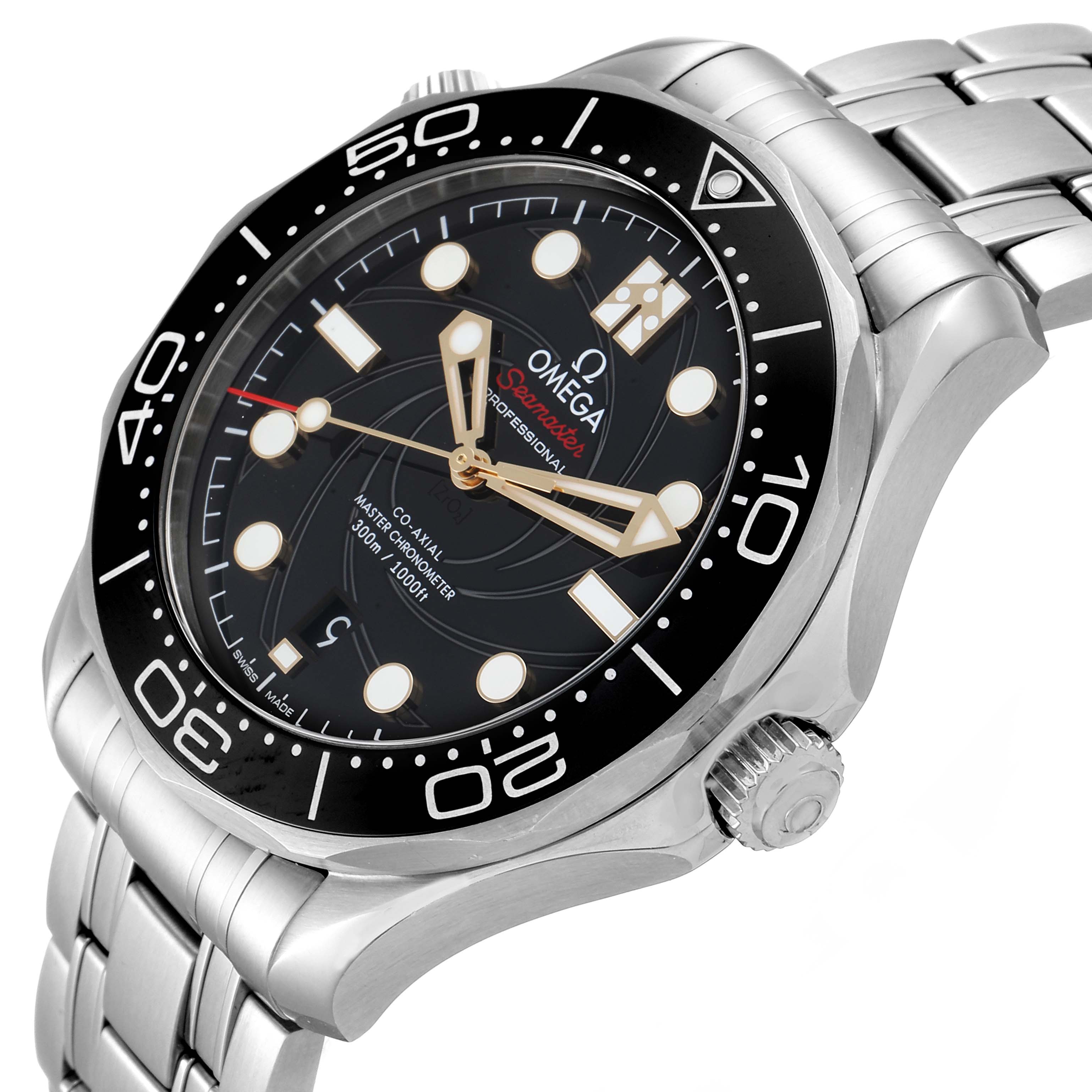 The image shows a side angle of an Omega Seamaster 210.22.42.20.01.004 Men
s Stainless Steel Black Dial 210.22.42.20.01.004 Men
s Stainless Steel Black Dial watch, displaying the dial, bezel, crown, and bracelet.