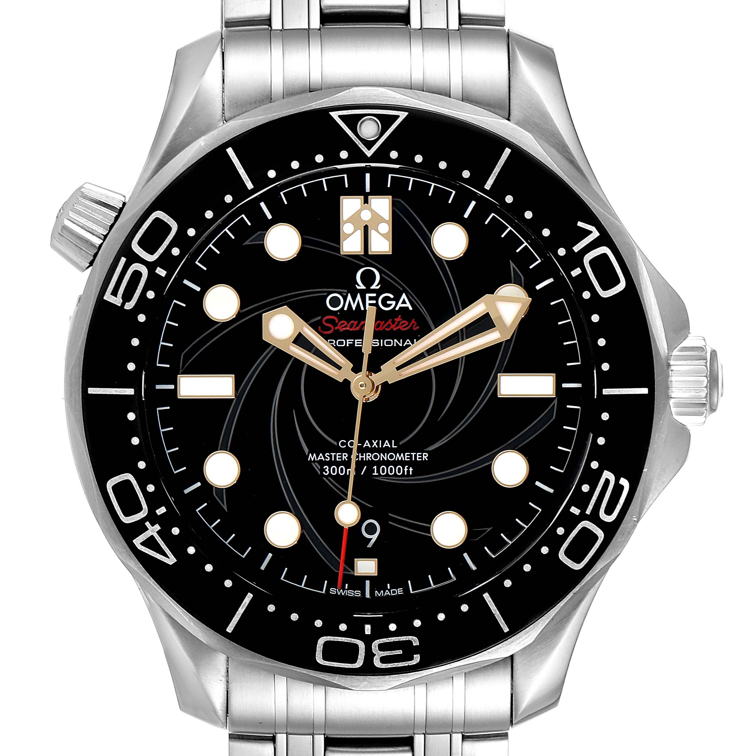 The image shows the dial and bezel of an Omega Seamaster 210.22.42.20.01.004 Men
s Stainless Steel Black Dial 210.22.42.20.01.004 Men
s Stainless Steel Black Dial watch from a top-down angle.