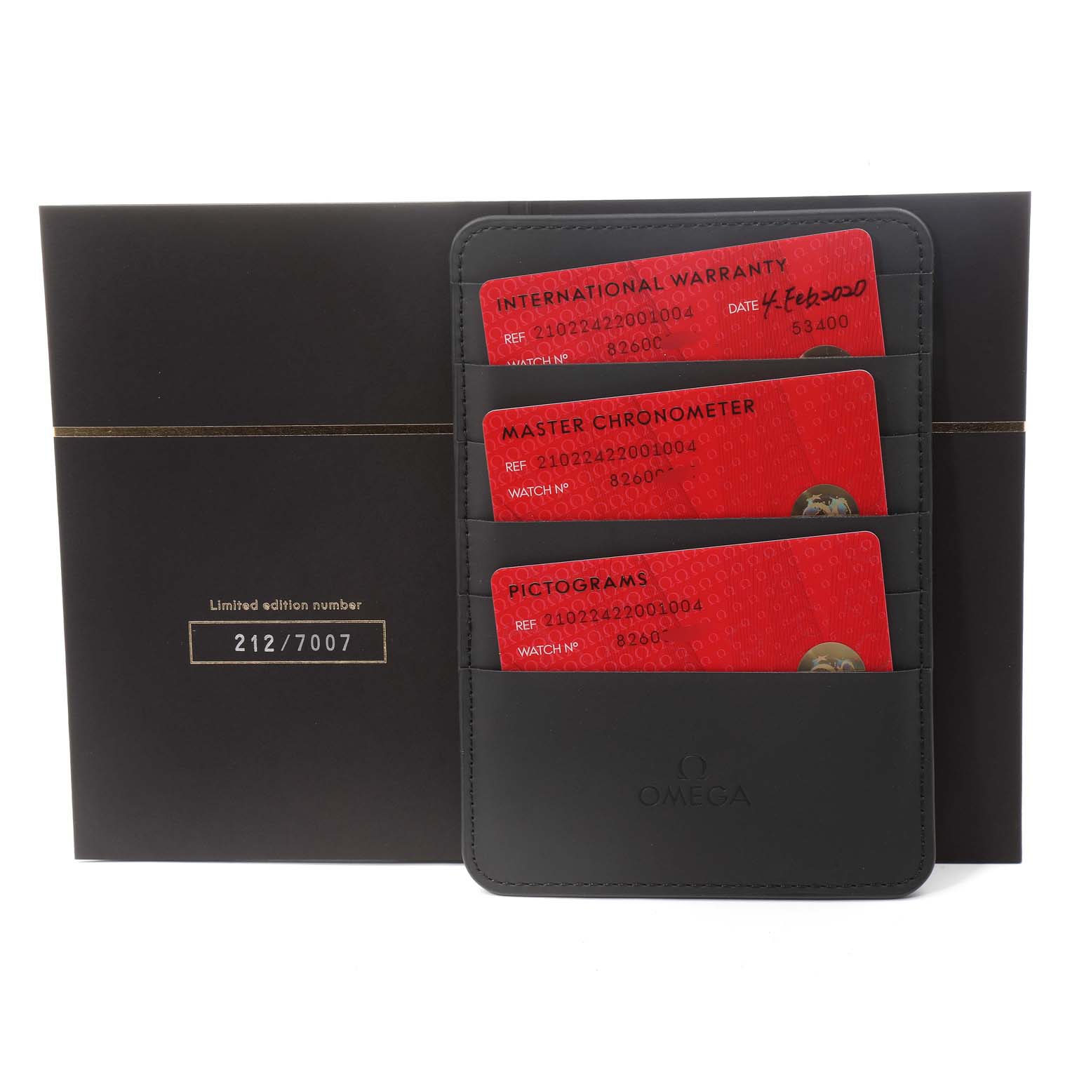 This image shows the warranty cards and limited edition number for the Omega Seamaster 210.22.42.20.01.004 Men
s Stainless Steel Black Dial 210.22.42.20.01.004 Men
s Stainless Steel Black Dial model.