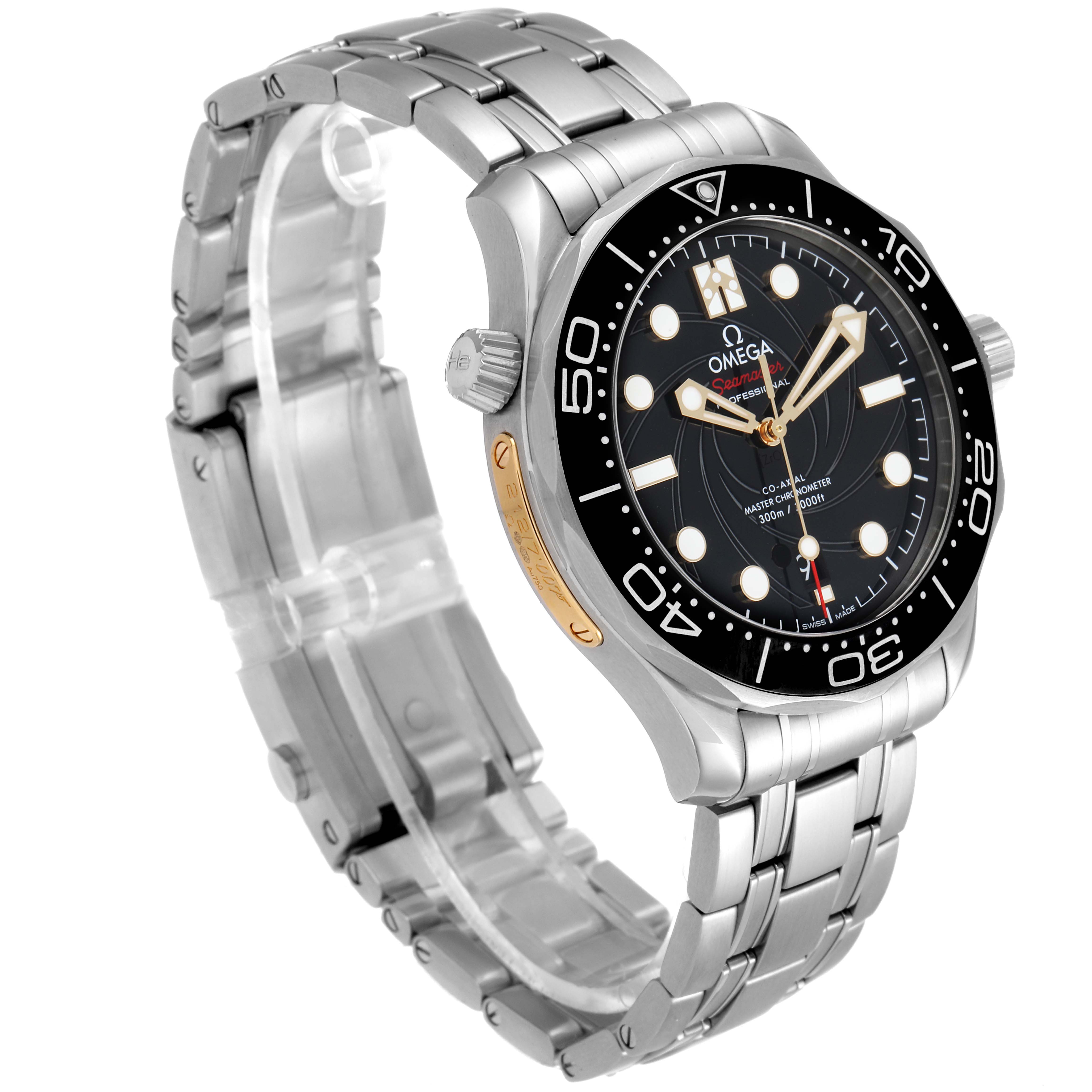 The Omega Seamaster 210.22.42.20.01.004 Men
s Stainless Steel Black Dial 210.22.42.20.01.004 Men
s Stainless Steel Black Dial watch is shown at a slight front-left angle, highlighting the face, bezel, crown, and stainless steel bracelet.