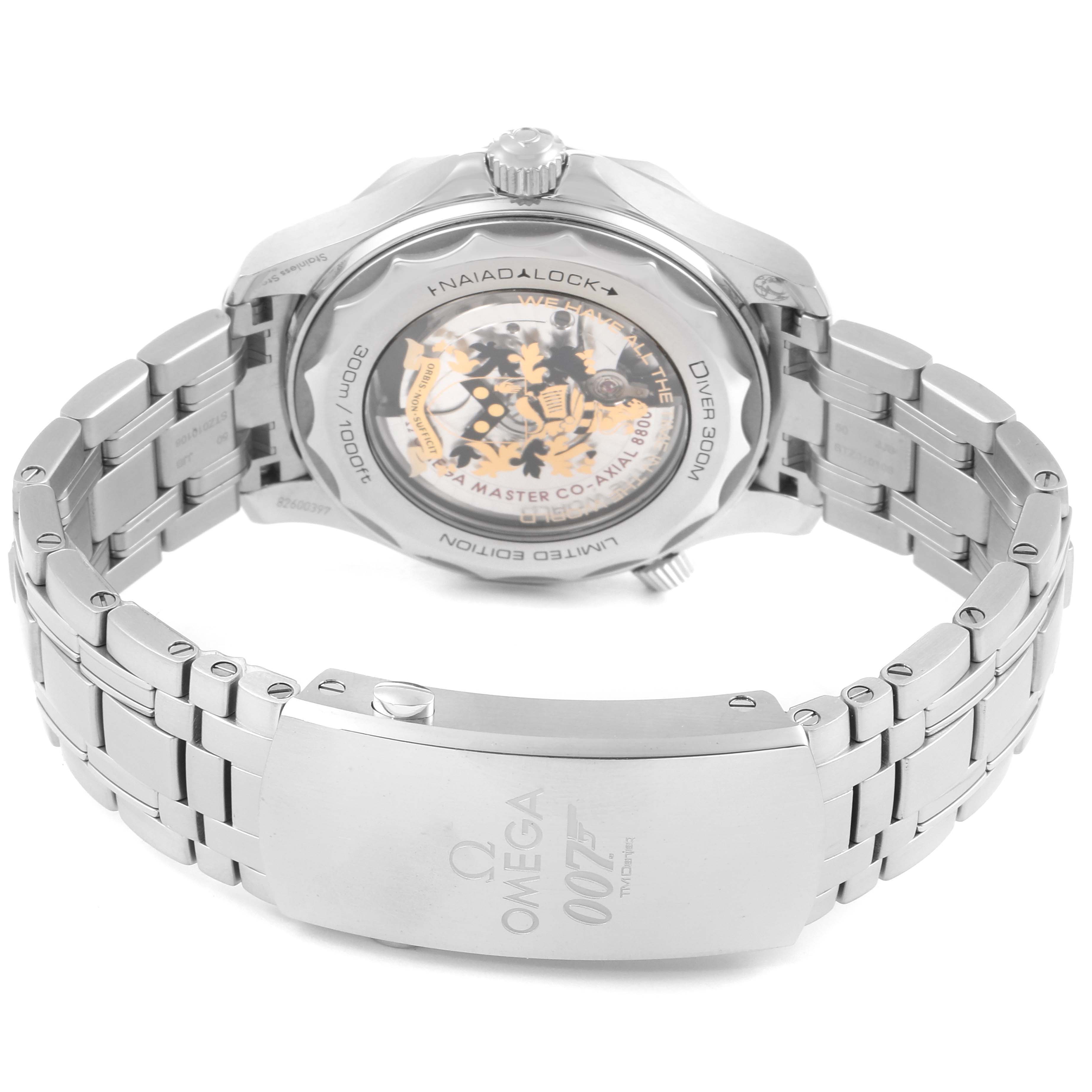 The image shows the back view of the Omega Seamaster 210.22.42.20.01.004 Men
s Stainless Steel Black Dial 210.22.42.20.01.004 Men
s Stainless Steel Black Dial watch, highlighting its open case back, bracelet, and clasp.