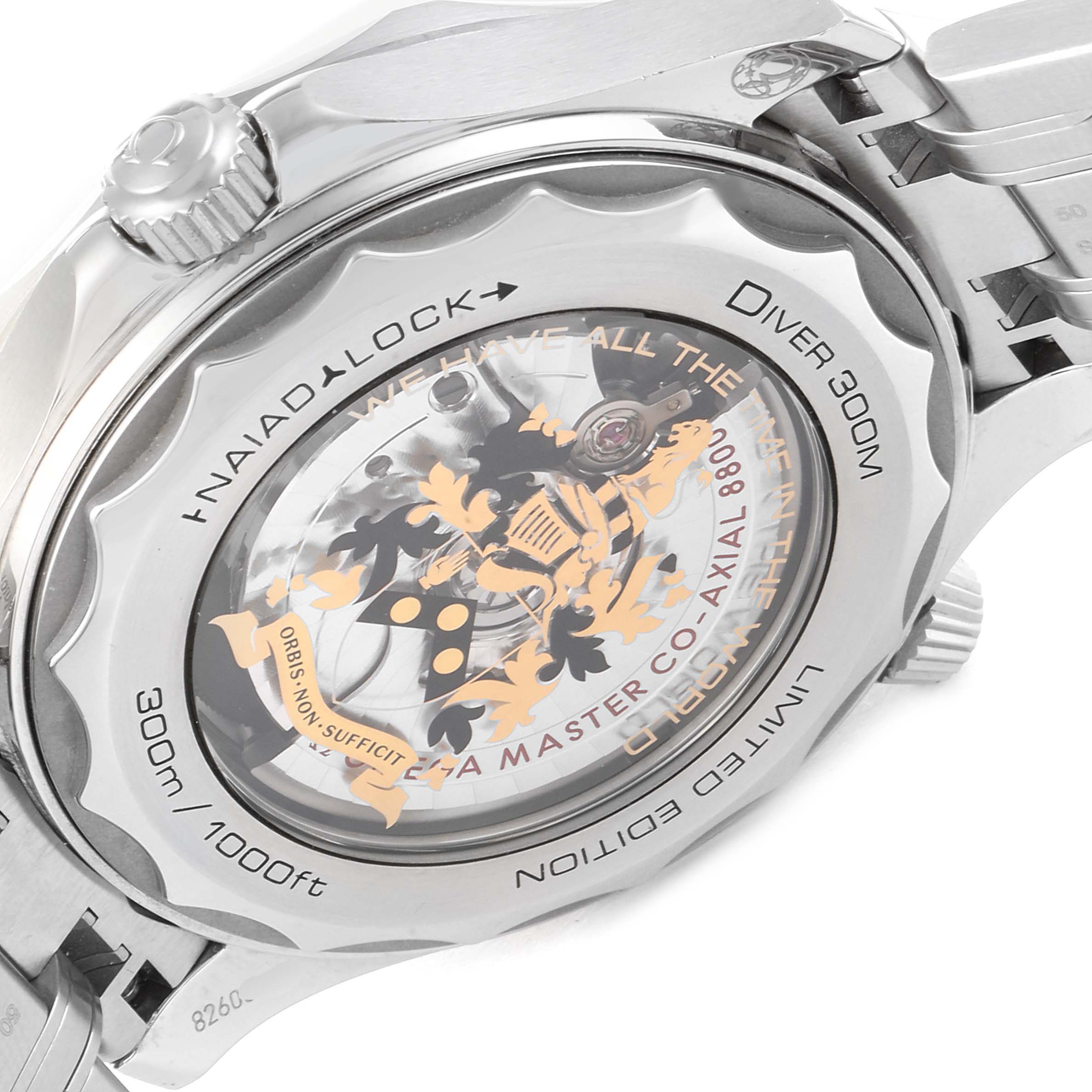 The image shows the back case and bracelet of the Omega Seamaster 210.22.42.20.01.004 Men
s Stainless Steel Black Dial 210.22.42.20.01.004 Men
s Stainless Steel Black Dial Diver 300m, highlighting the Naiad Lock and limited edition marking.