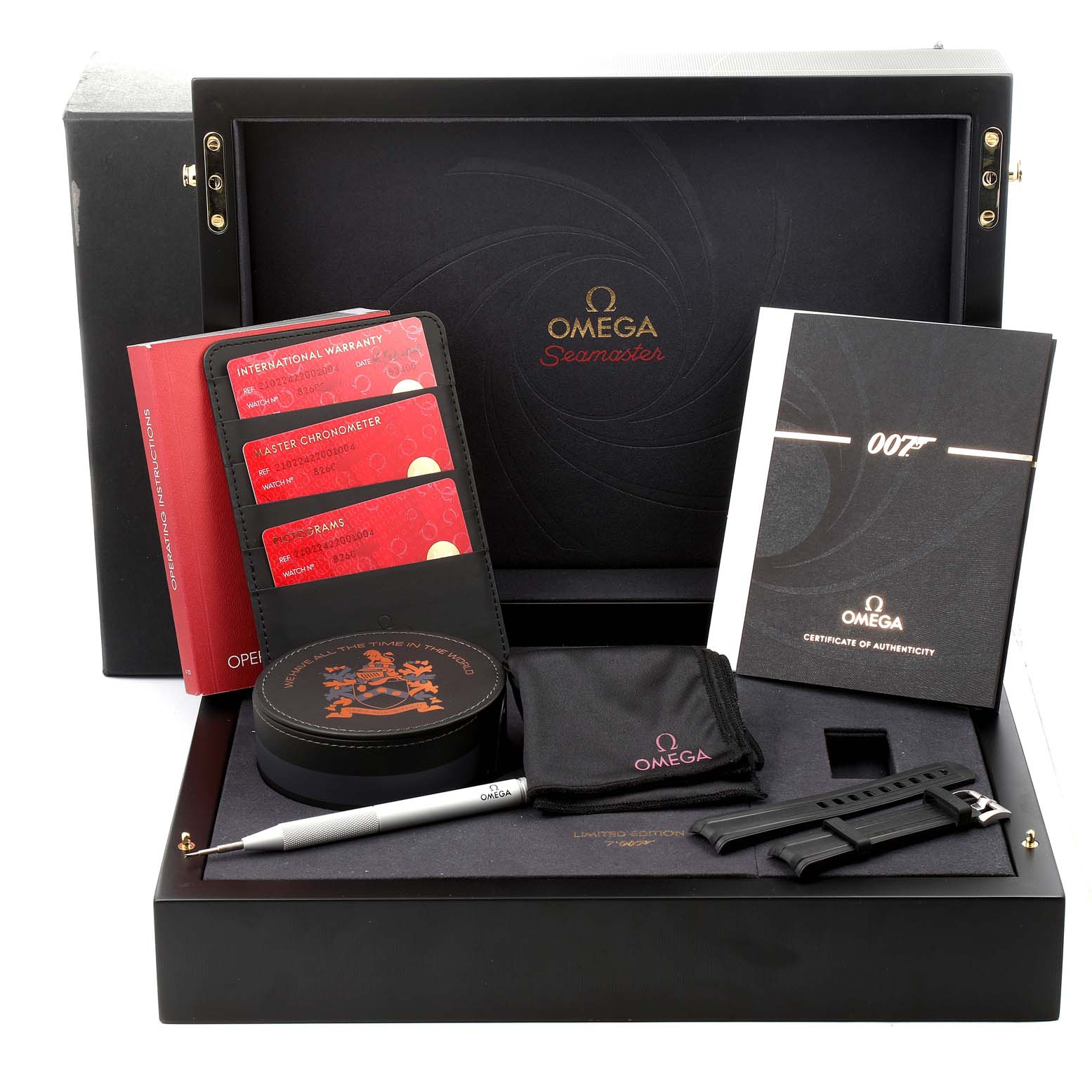 The image shows the Omega Seamaster 210.22.42.20.01.004 Men
s Stainless Steel Black Dial 210.22.42.20.01.004 Men
s Stainless Steel Black Dial watch set, including warranty cards, user manual, strap, case, pen, and Best Quality
ity certificate.