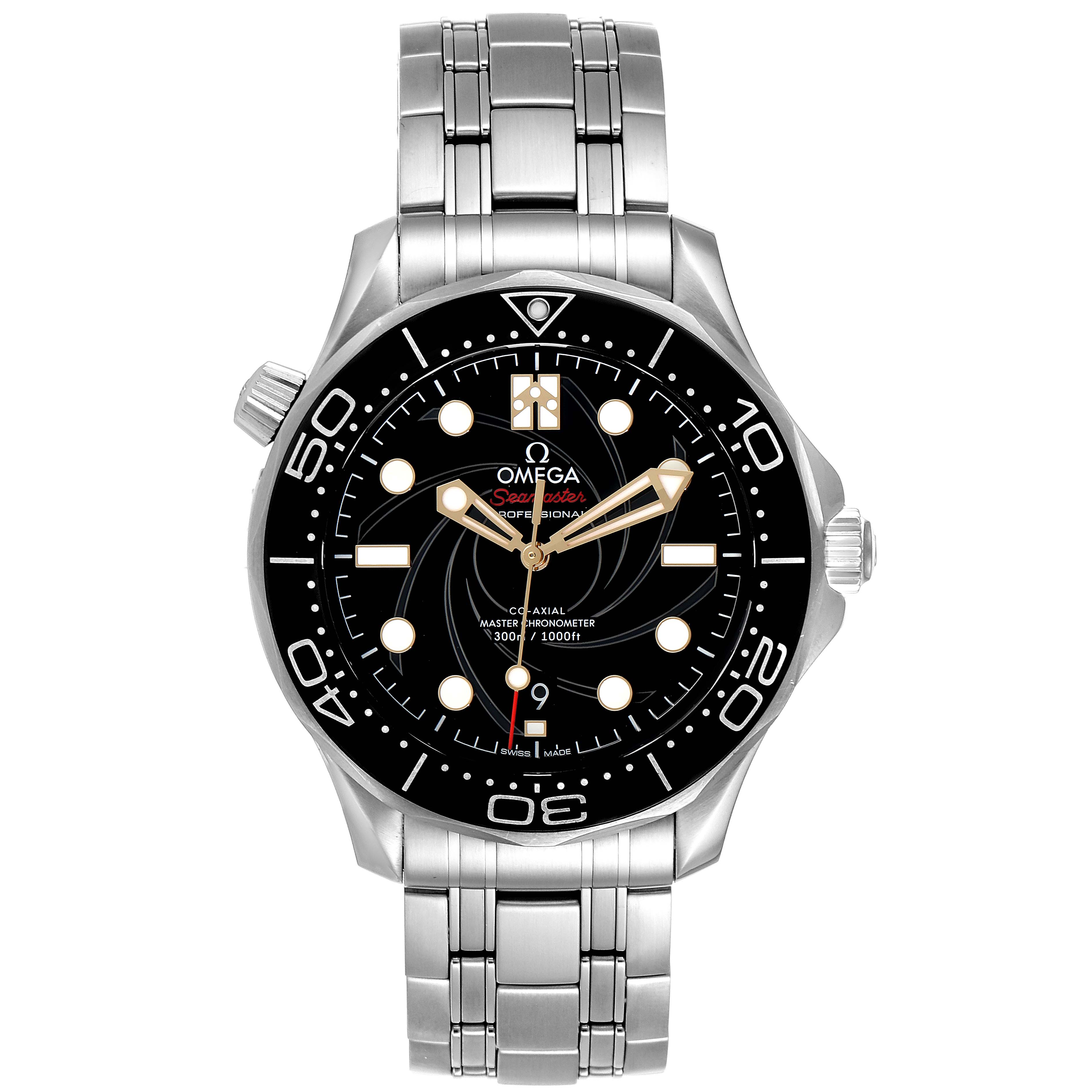 This is a front view of the Omega Seamaster 210.22.42.20.01.004 Men
s Stainless Steel Black Dial 210.22.42.20.01.004 Men
s Stainless Steel Black Dial watch showing its dial, bezel, and stainless steel bracelet.
