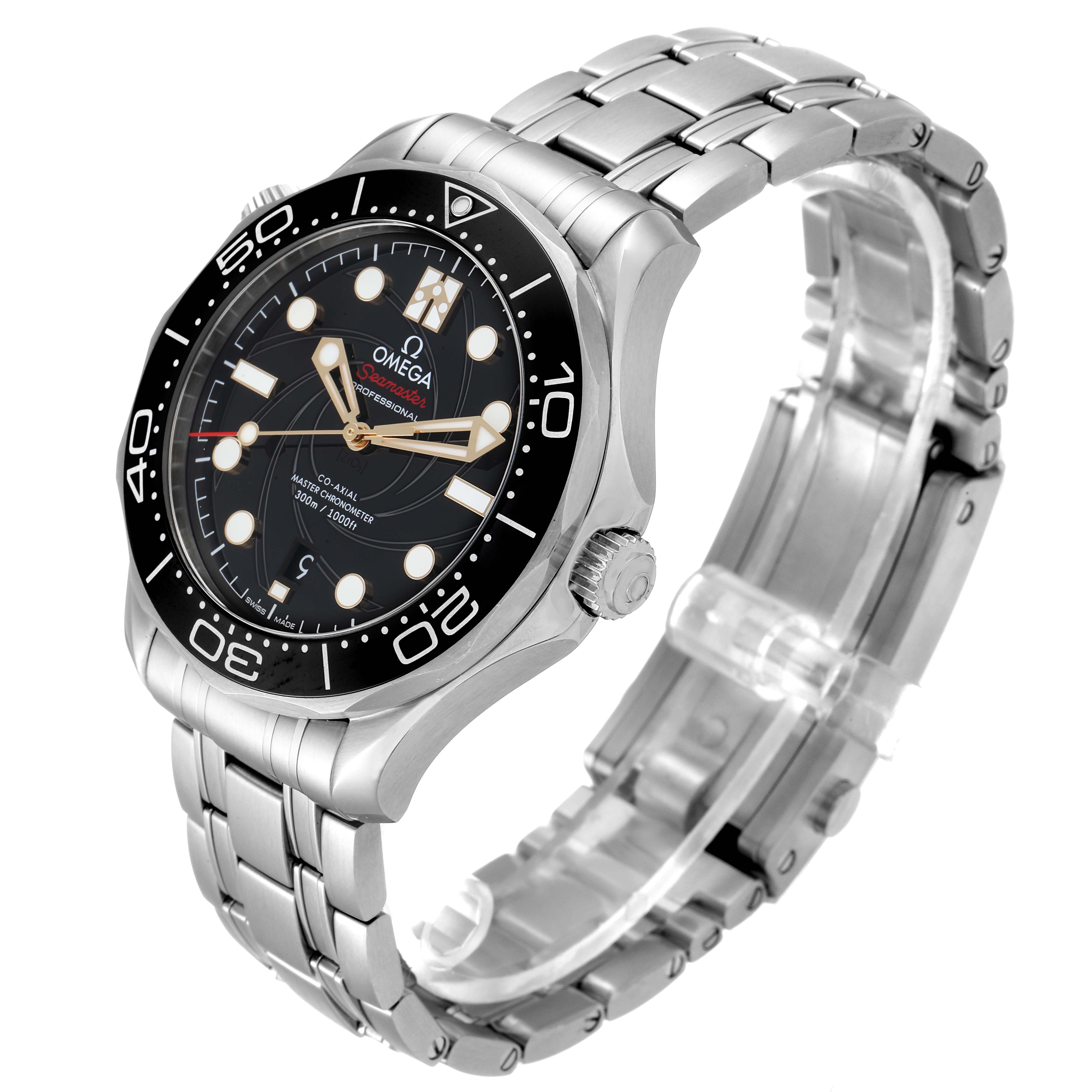 The image shows a three-quarter angled view of an Omega Seamaster 210.22.42.20.01.004 Men
s Stainless Steel Black Dial 210.22.42.20.01.004 Men
s Stainless Steel Black Dial watch, featuring the face, bezel, and stainless steel bracelet.