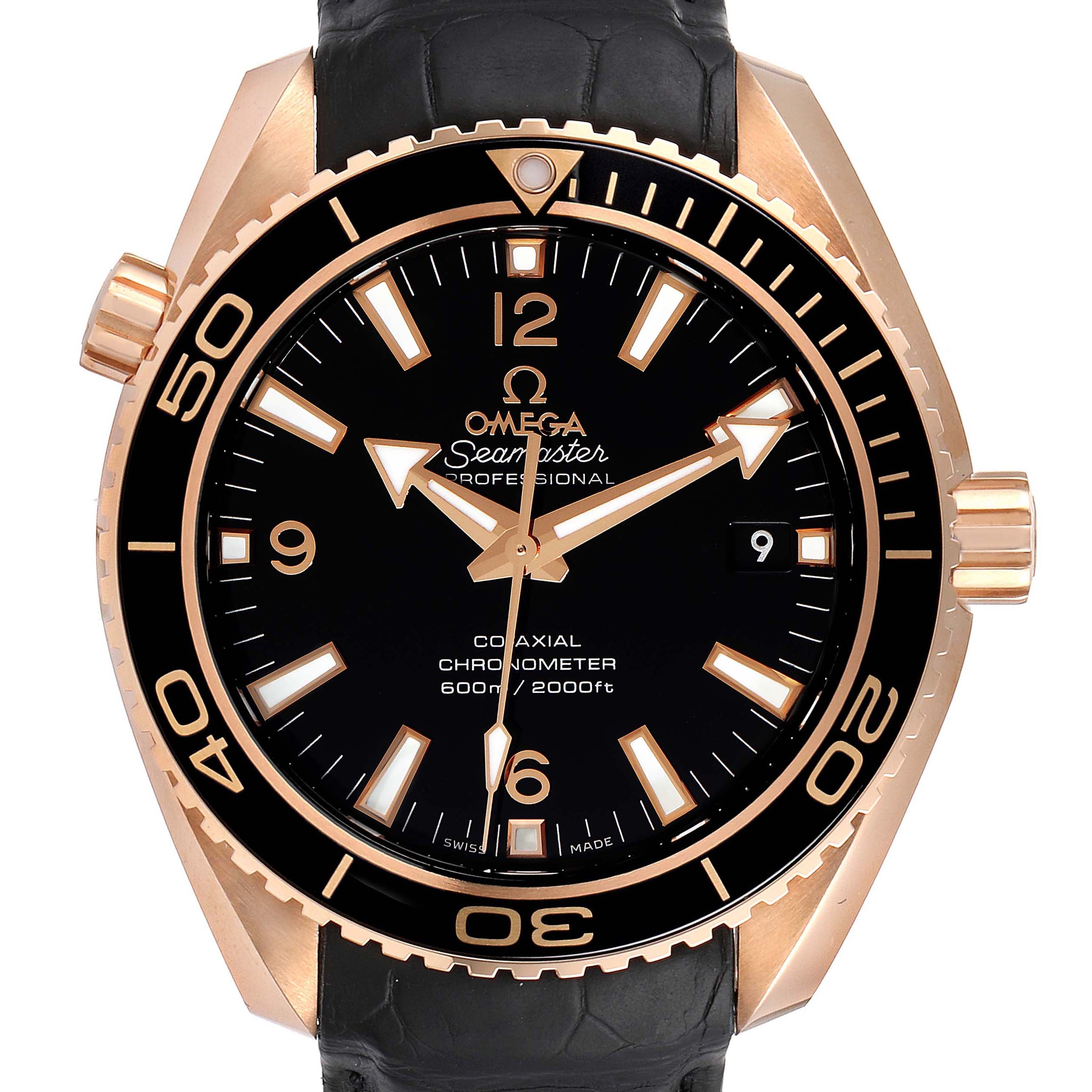 The image shows a front view of the Omega Planet Ocean 232.63.42.21.01.001 Men's Rose Gold Black Dial 232.63.42.21.01.001 Men's Rose Gold Black Dial watch, highlighting its black dial, rose gold bezel, and black leather strap.