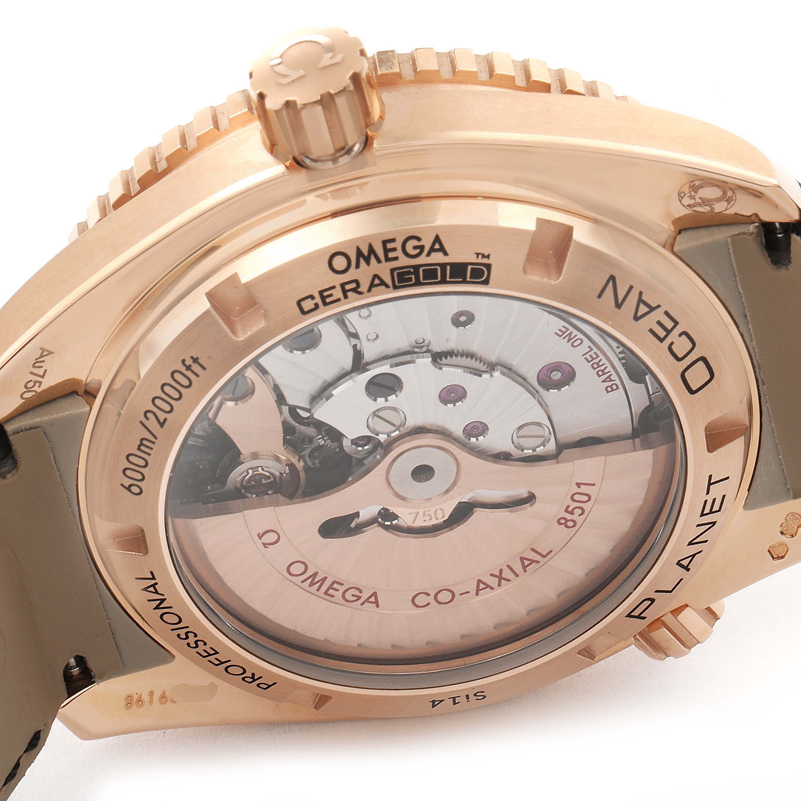 The image shows the case back of an Omega Planet Ocean 232.63.42.21.01.001 Men's Rose Gold Black Dial 232.63.42.21.01.001 Men's Rose Gold Black Dial watch, highlighting the movement and inscriptions.