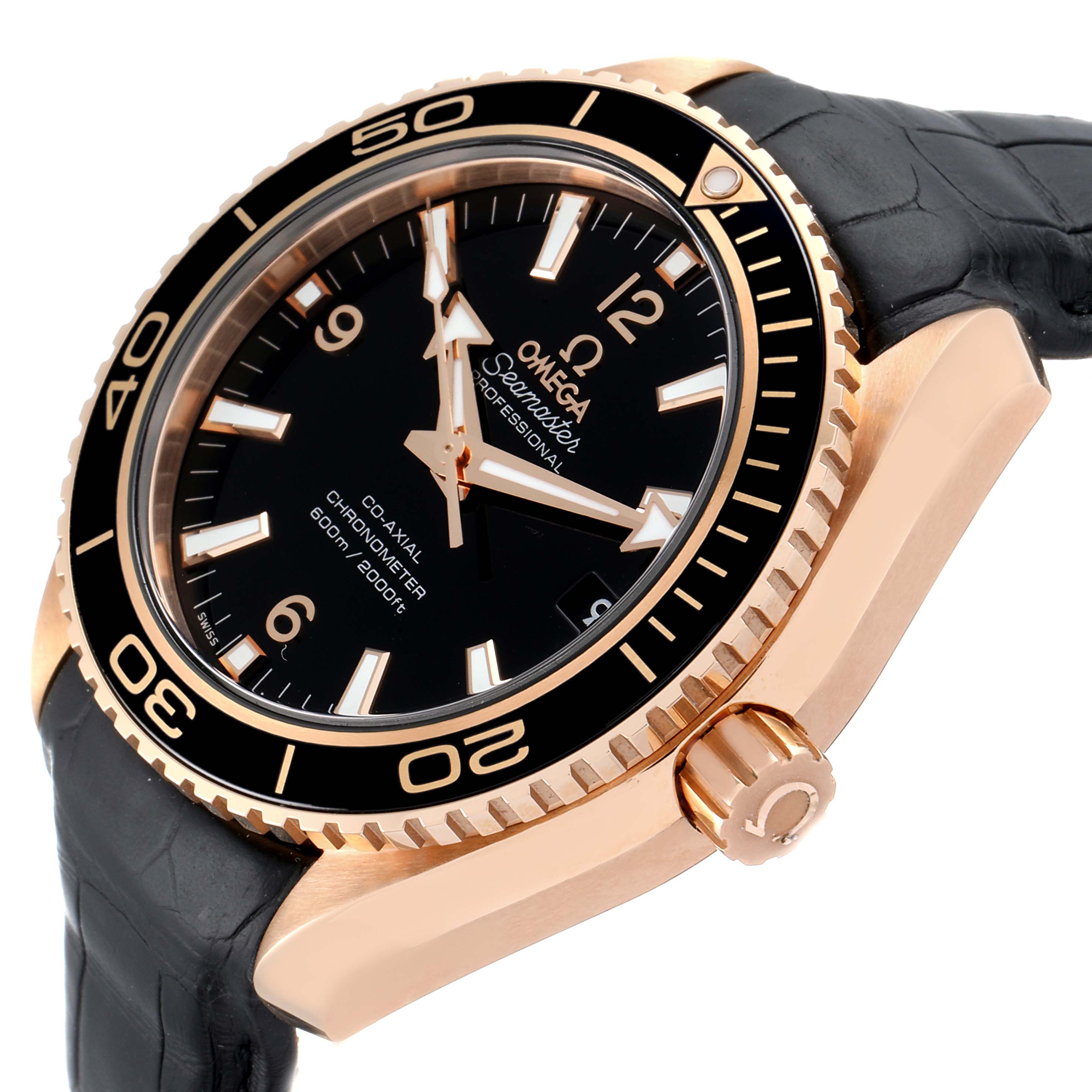 The image shows an angled close-up of the Omega Planet Ocean 232.63.42.21.01.001 Men's Rose Gold Black Dial 232.63.42.21.01.001 Men's Rose Gold Black Dial watch highlighting the dial, bezel, crown, and part of the strap.