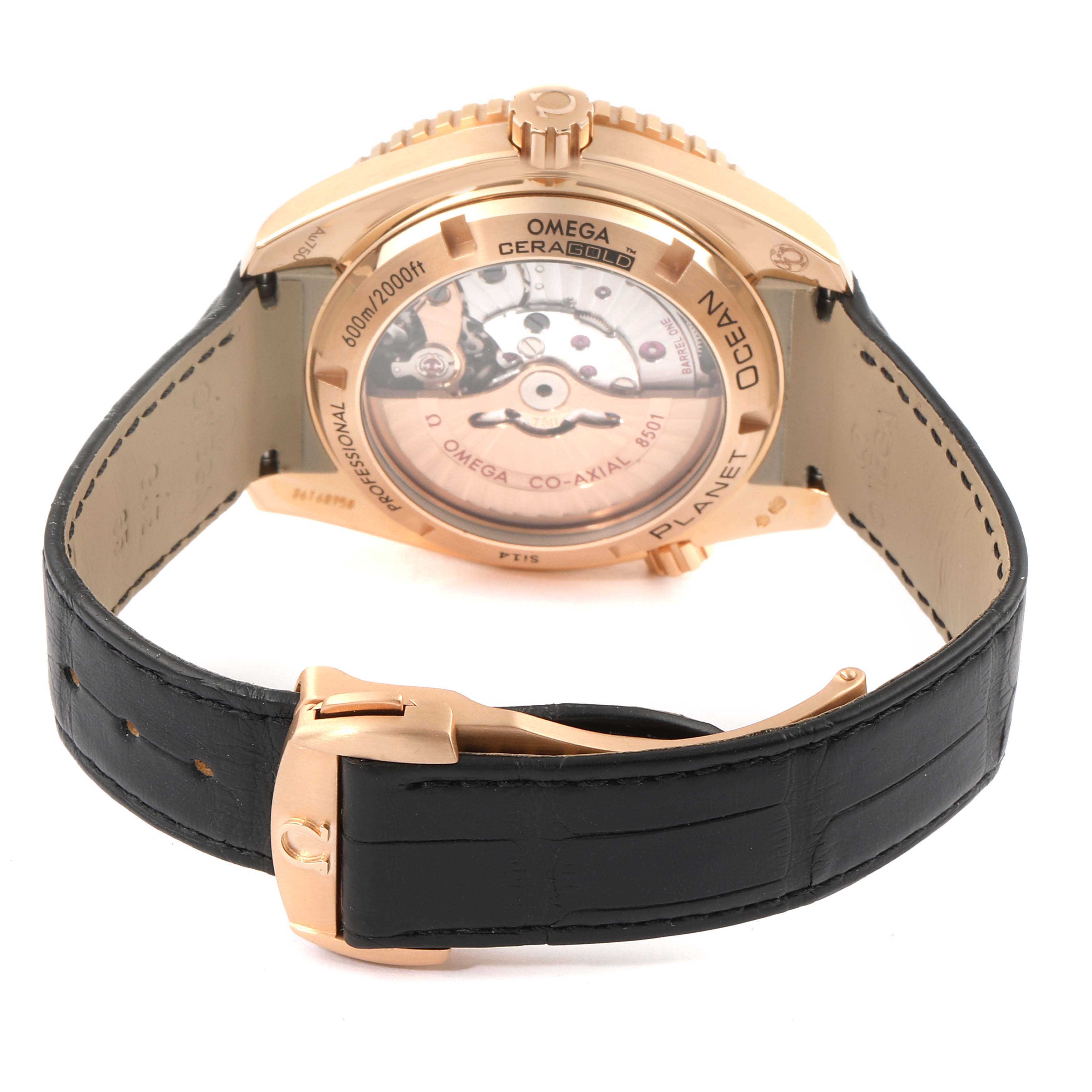 The image shows the back view of the Omega Planet Ocean 232.63.42.21.01.001 Men's Rose Gold Black Dial 232.63.42.21.01.001 Men's Rose Gold Black Dial watch, focusing on the case back and watchband.