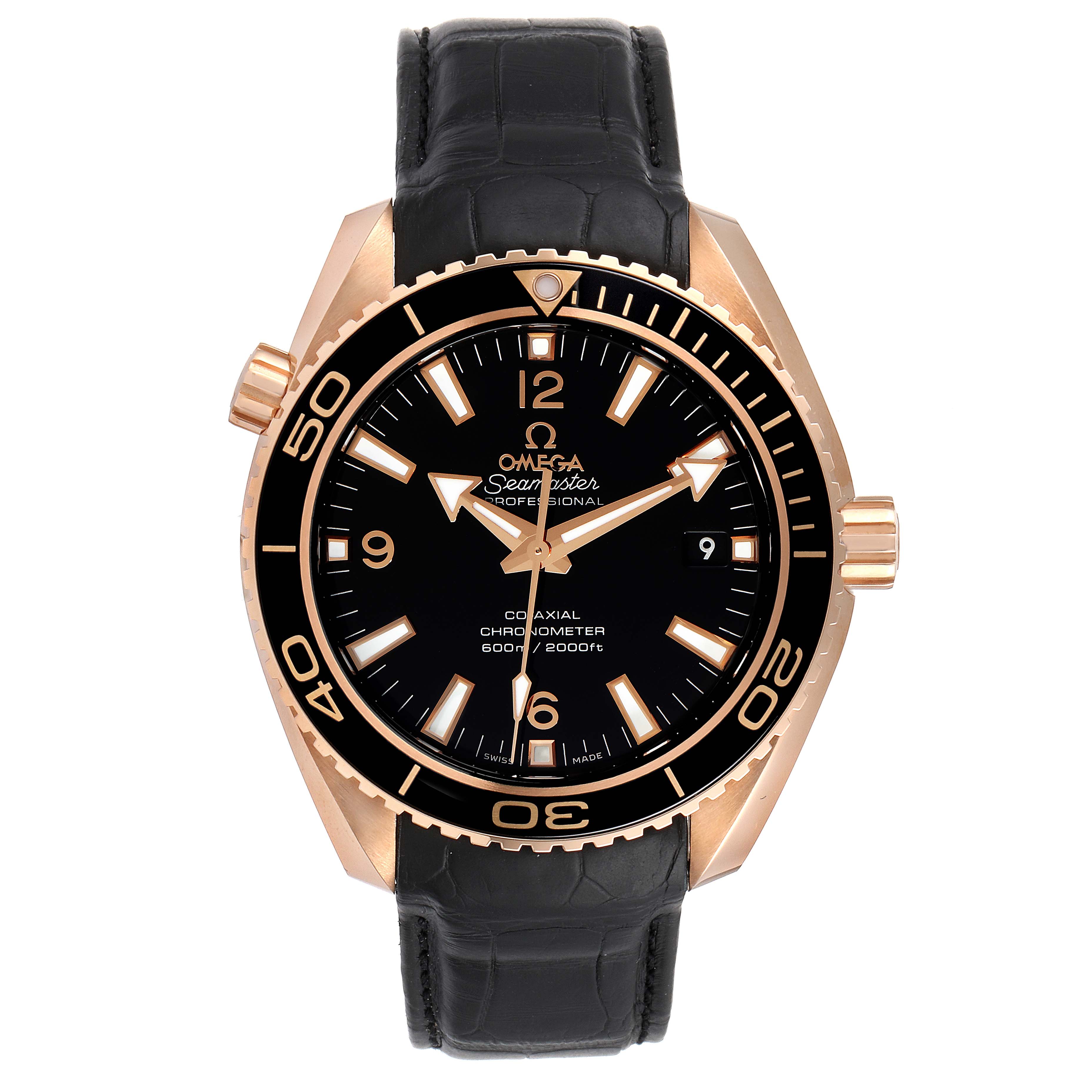 The image shows a front view of the Omega Planet Ocean 232.63.42.21.01.001 Men's Rose Gold Black Dial 232.63.42.21.01.001 Men's Rose Gold Black Dial Seamaster watch, highlighting its black dial, bezel, and leather strap.