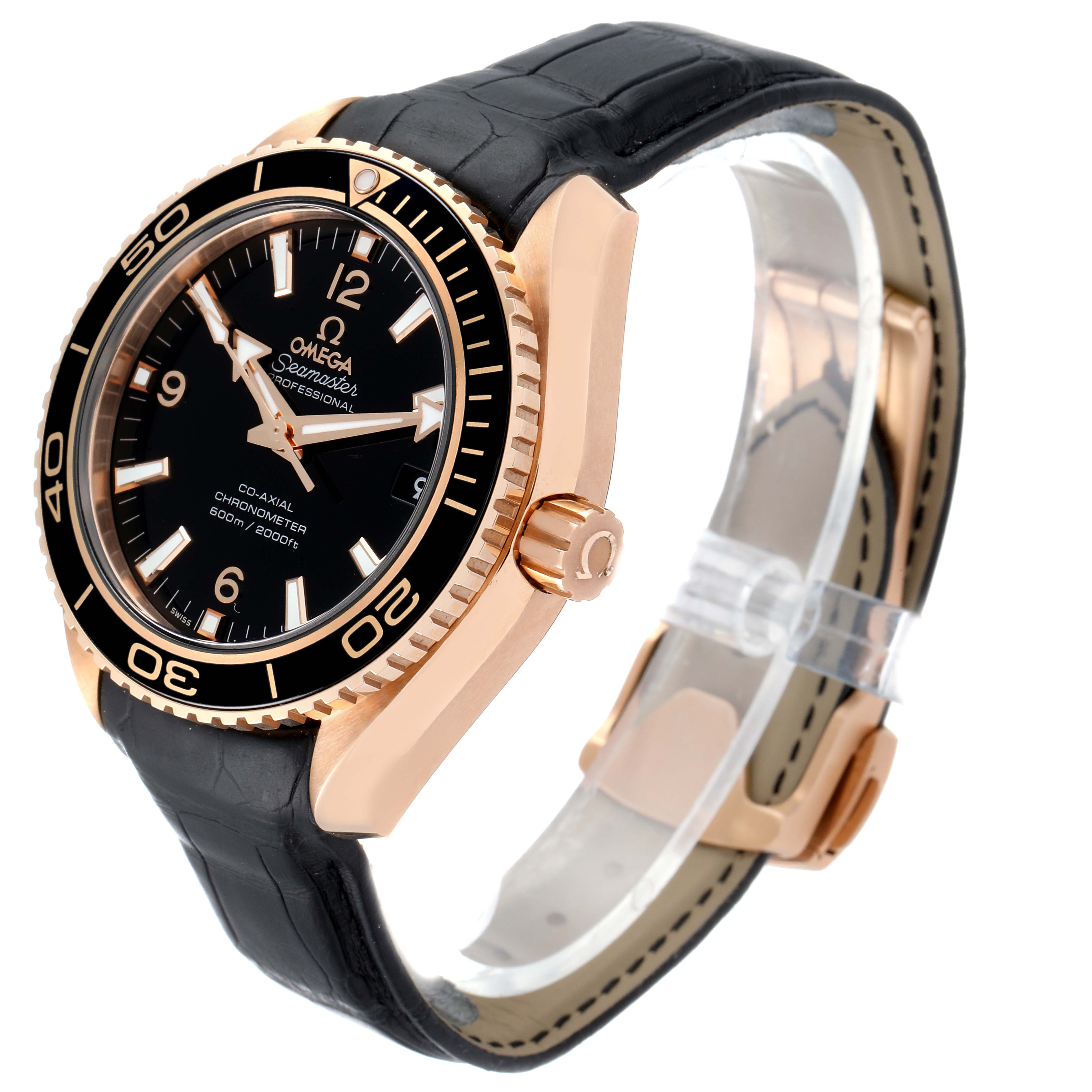 This image shows a side view of the Omega Planet Ocean 232.63.42.21.01.001 Men's Rose Gold Black Dial 232.63.42.21.01.001 Men's Rose Gold Black Dial watch, focusing on its black bezel, dial, crown, and black leather strap.