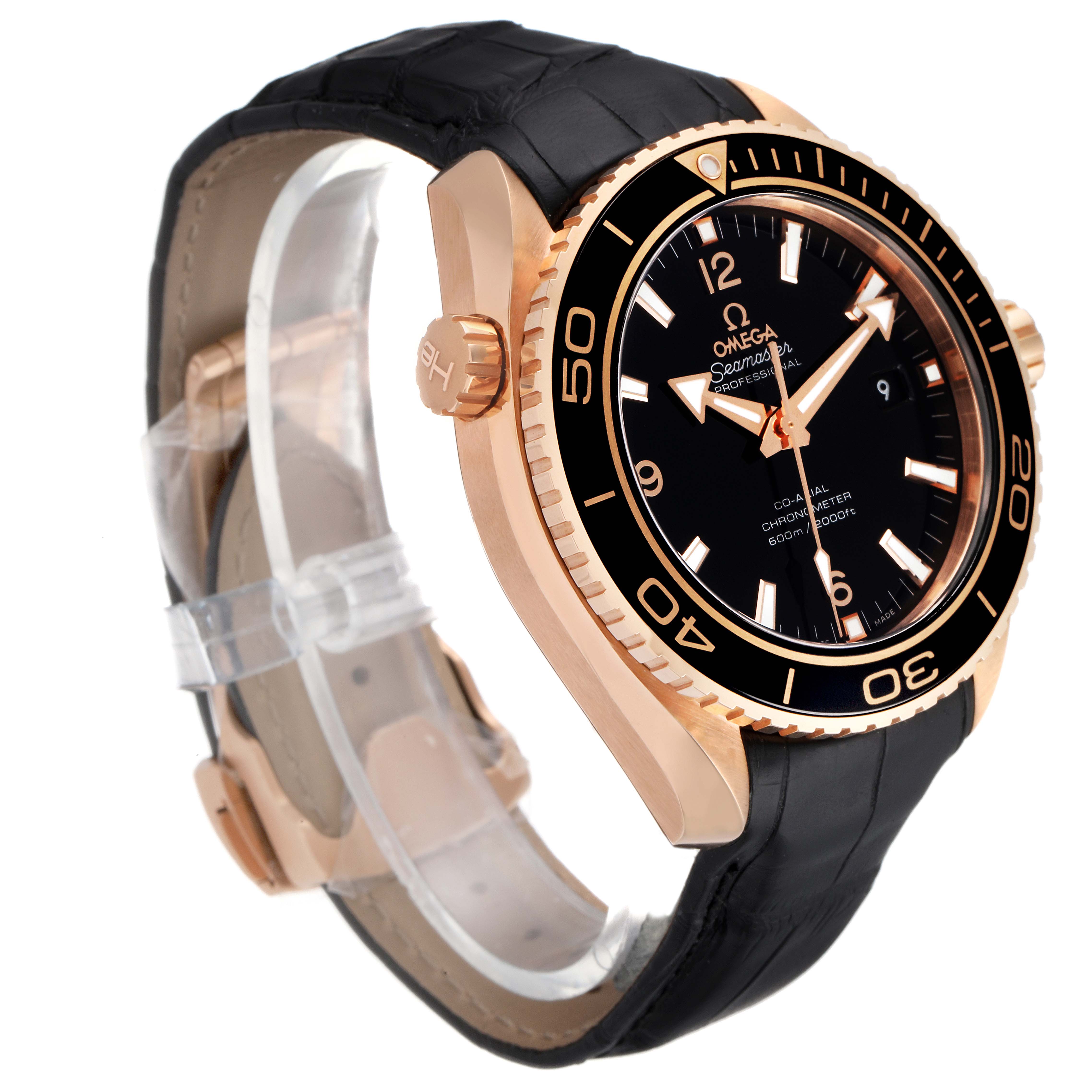 The Omega Planet Ocean 232.15.46.21.04.001 Men's Rose Gold Black Dial 232.15.46.21.04.001 Men's Rose Gold Black Dial watch is shown at a slight side angle, highlighting its bezel, crown, dial, and leather strap.
