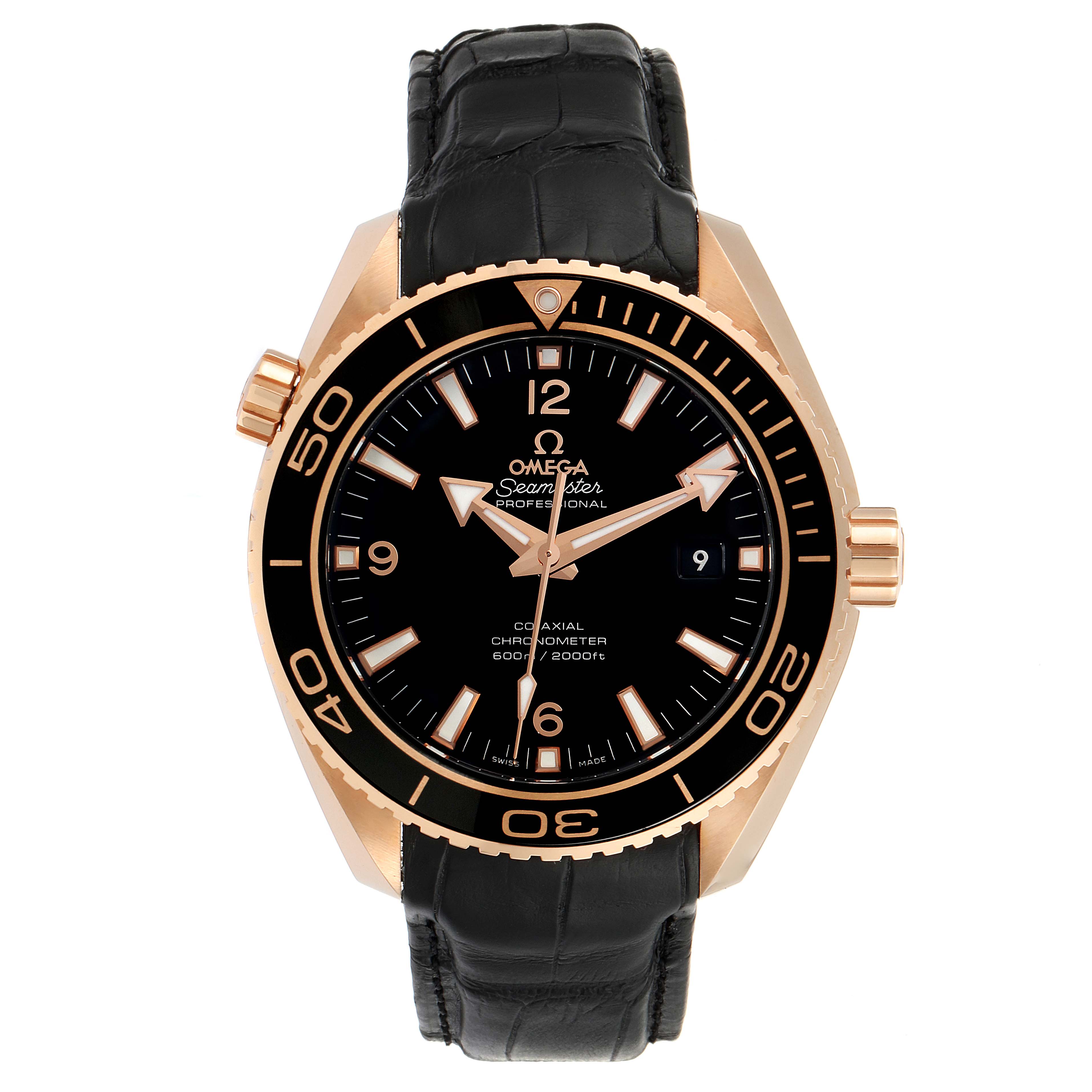 This Omega Planet Ocean 232.15.46.21.04.001 Men's Rose Gold Black Dial 232.15.46.21.04.001 Men's Rose Gold Black Dial watch is shown from the front, displaying the face, hands, crown, and strap.