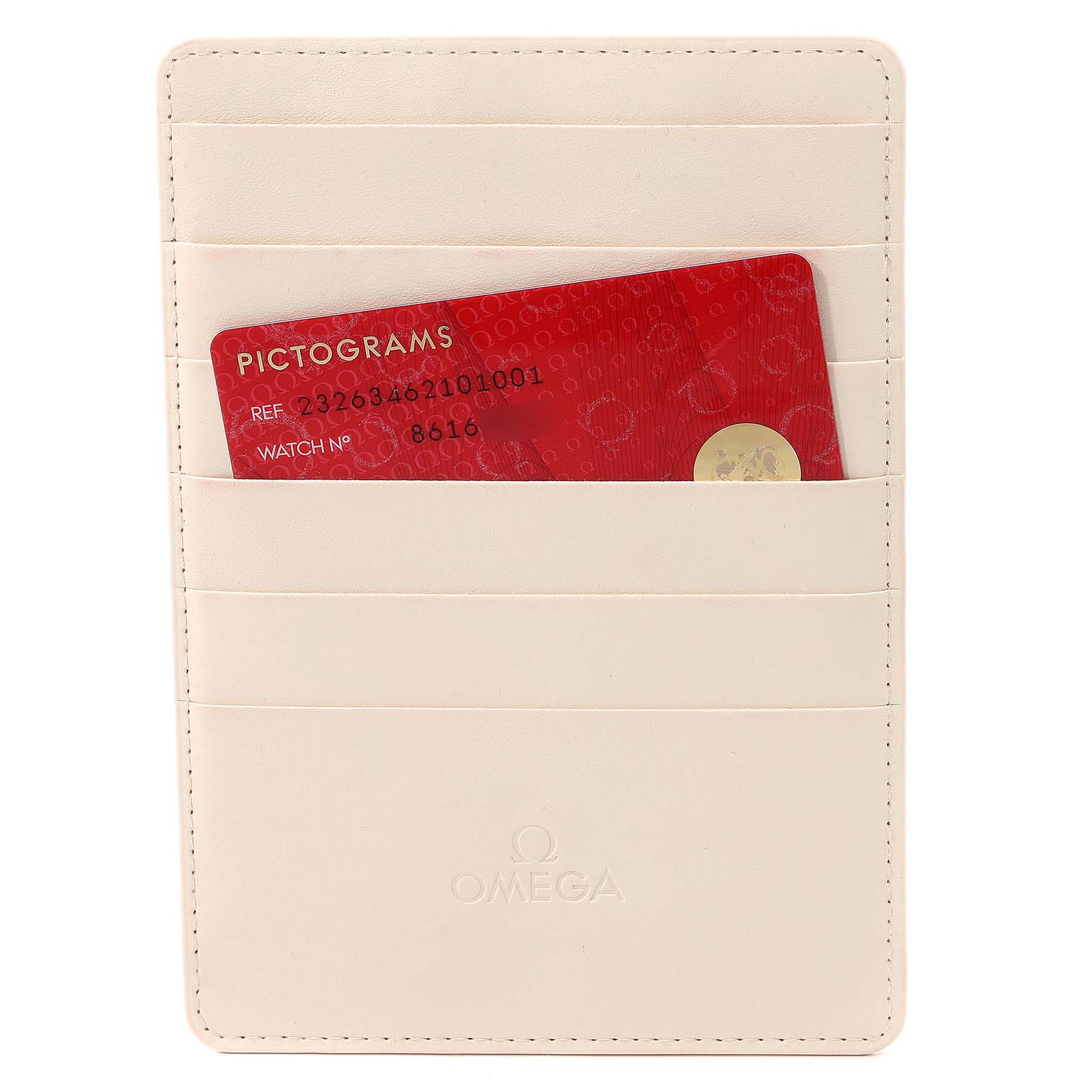 The image shows an Omega Planet Ocean 232.15.46.21.04.001 Men's Rose Gold Black Dial 232.15.46.21.04.001 Men's Rose Gold Black Dial warranty card in a beige cardholder from a top-down angle.