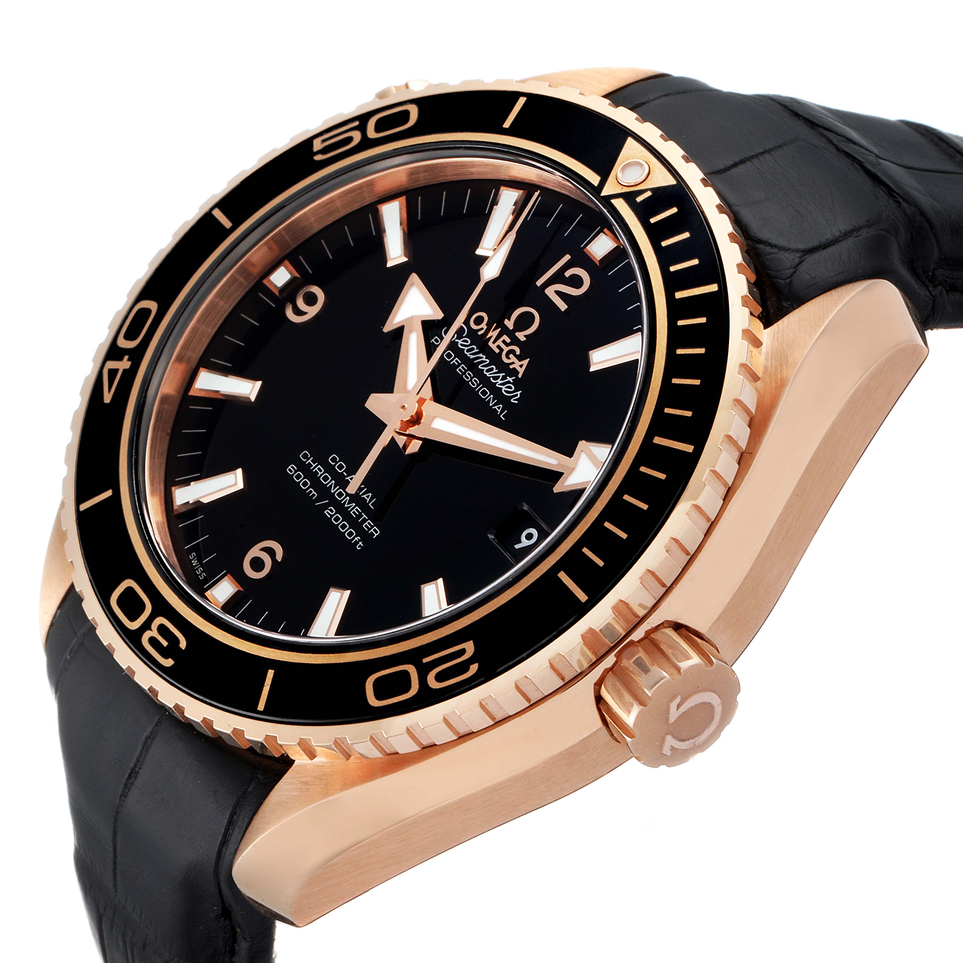 The Planet Ocean model by Omega is shown at an angled close-up, displaying the face, bezel, and crown.