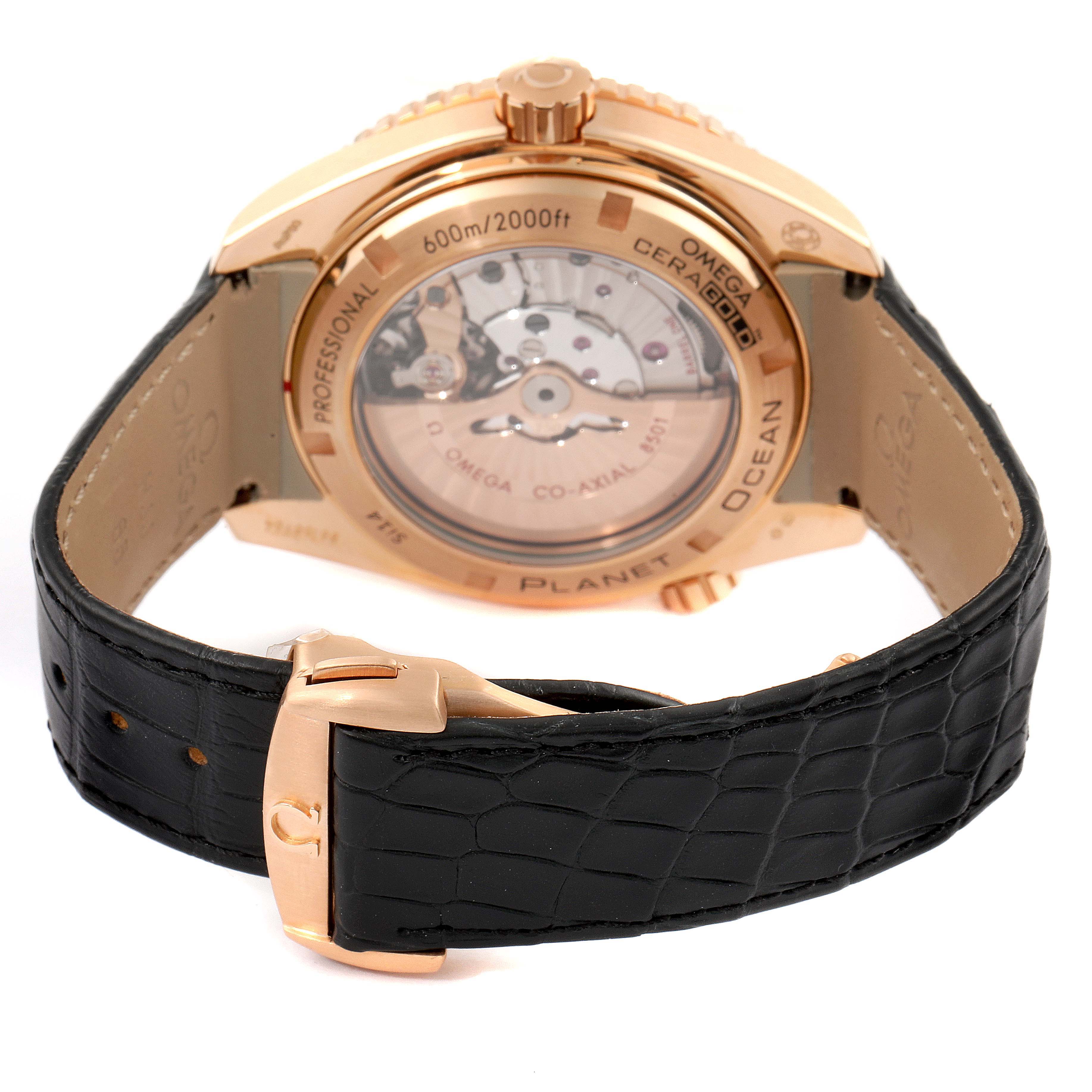 This image shows the back view of the Omega Planet Ocean 232.15.46.21.04.001 Men's Rose Gold Black Dial 232.15.46.21.04.001 Men's Rose Gold Black Dial watch, focusing on the case back and black leather strap.