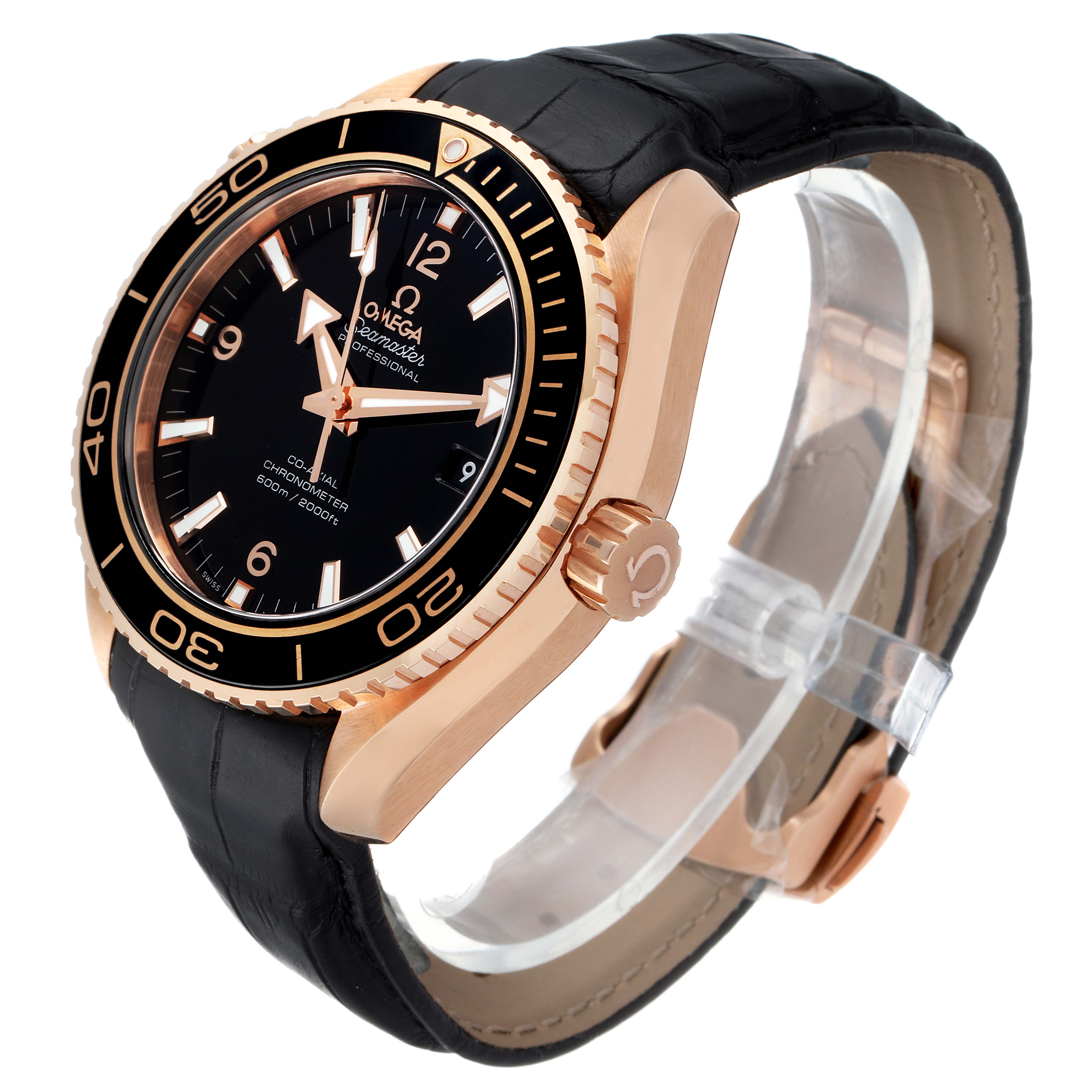 The Omega Planet Ocean 232.15.46.21.04.001 Men's Rose Gold Black Dial 232.15.46.21.04.001 Men's Rose Gold Black Dial model is depicted from a slight angle, showcasing the watch face, crown, bezel, and black strap.