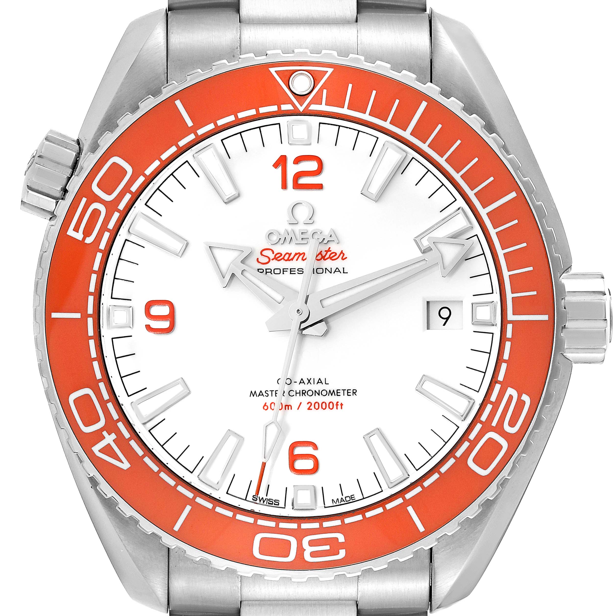 The image shows a front view of the Omega Planet Ocean 215.30.44.21.04.001 Men's Stainless Steel White Dial 215.30.44.21.04.001 Men's Stainless Steel White Dial watch with a white dial, orange bezel, and a stainless steel strap.