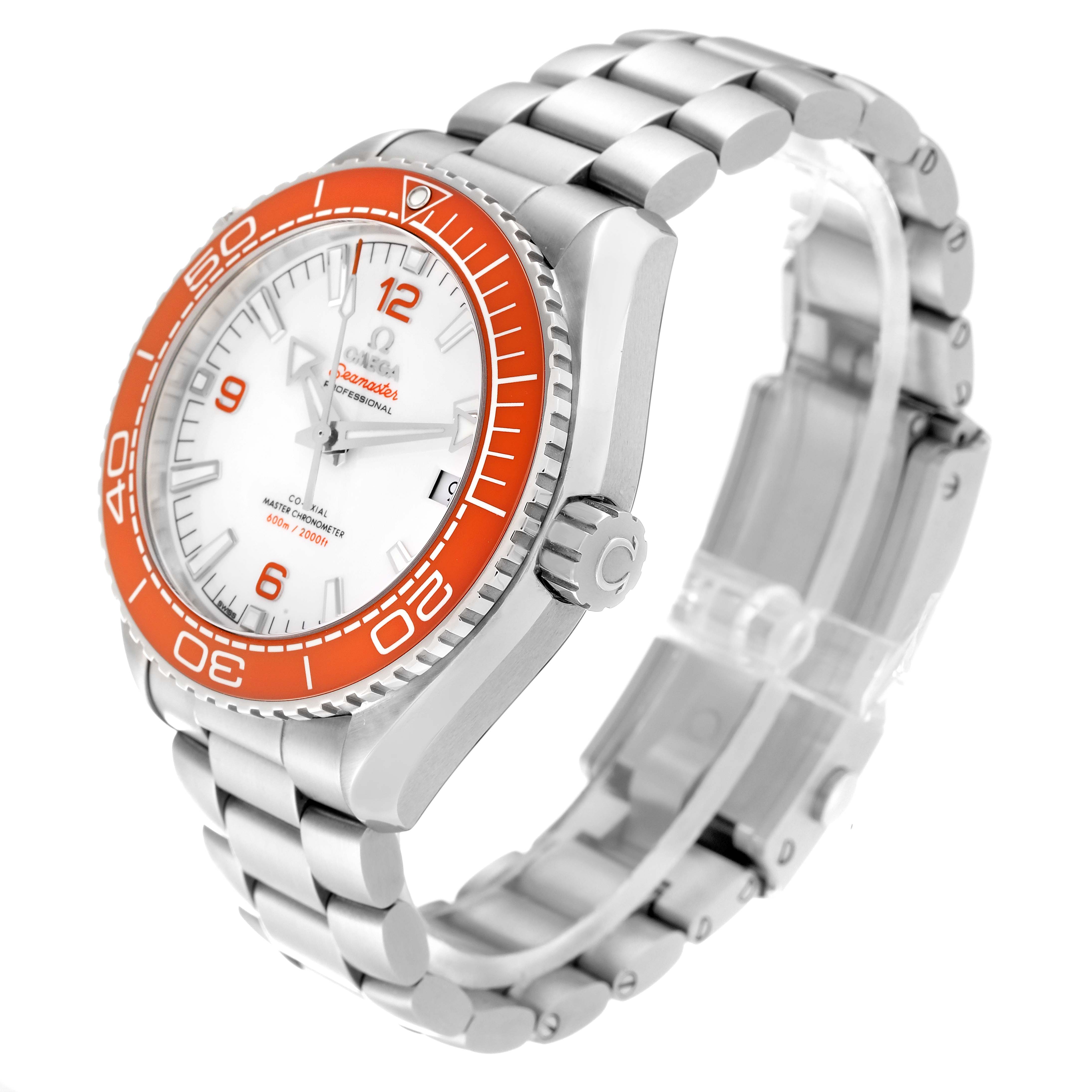 This Omega Planet Ocean 215.30.44.21.04.001 Men's Stainless Steel White Dial 215.30.44.21.04.001 Men's Stainless Steel White Dial watch is shown at a three-quarter angle, featuring the face, crown, bezel, and part of the bracelet.