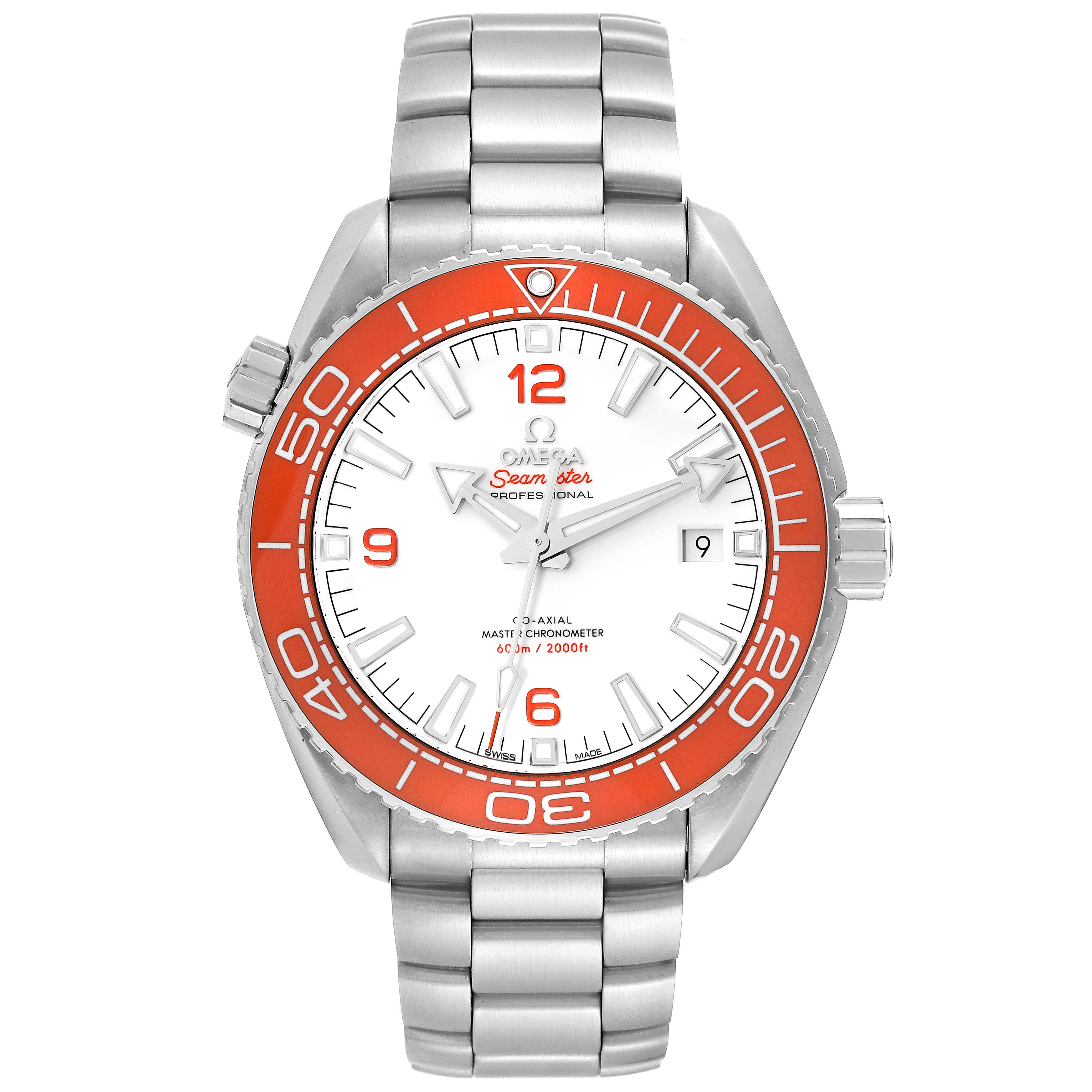 The image shows a front view of the Omega Planet Ocean 215.30.44.21.04.001 Men's Stainless Steel White Dial 215.30.44.21.04.001 Men's Stainless Steel White Dial model watch, highlighting its face, bezel, and bracelet.